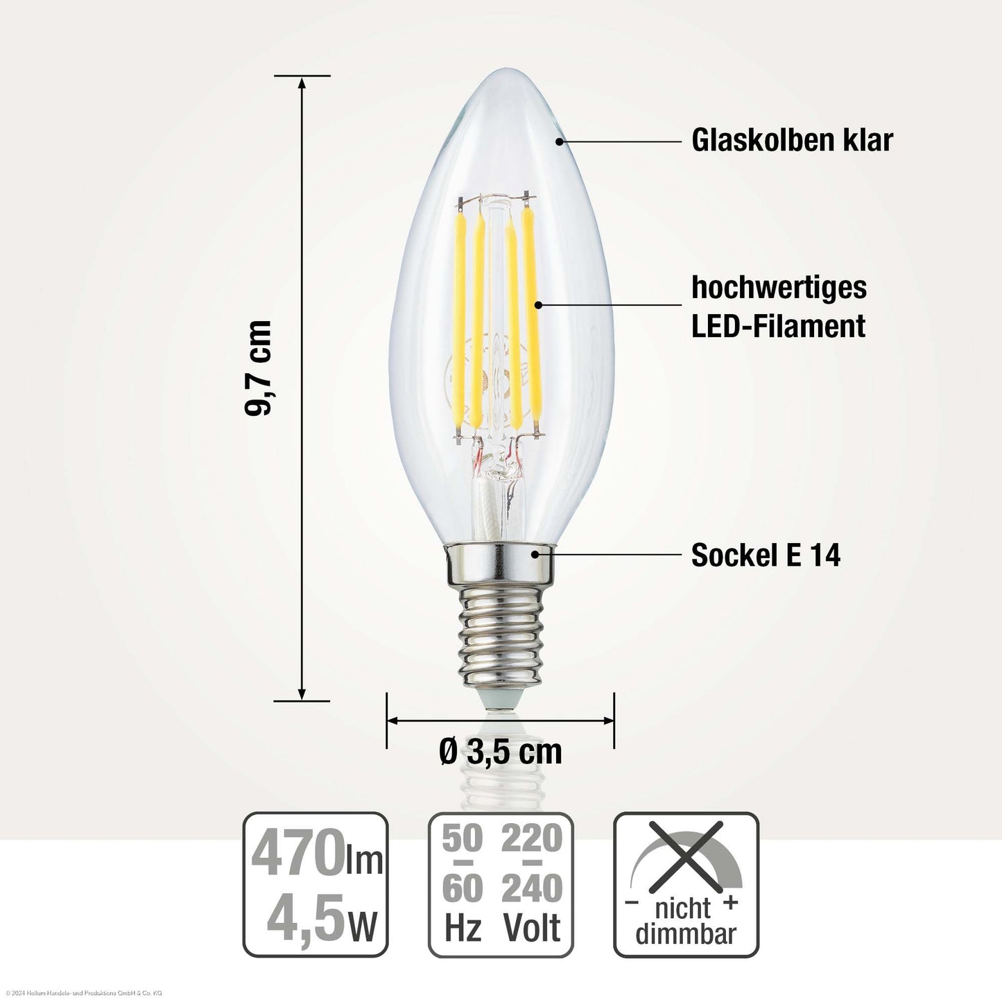 LED-Kerzenlampe C35, E14, 4,5 W, Glas klar, 470 lm