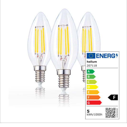 LED Kerzenbirne E14, 3er Set warmweiß, 4,5W 470 Lumen, klar, EPREL ID 1353788