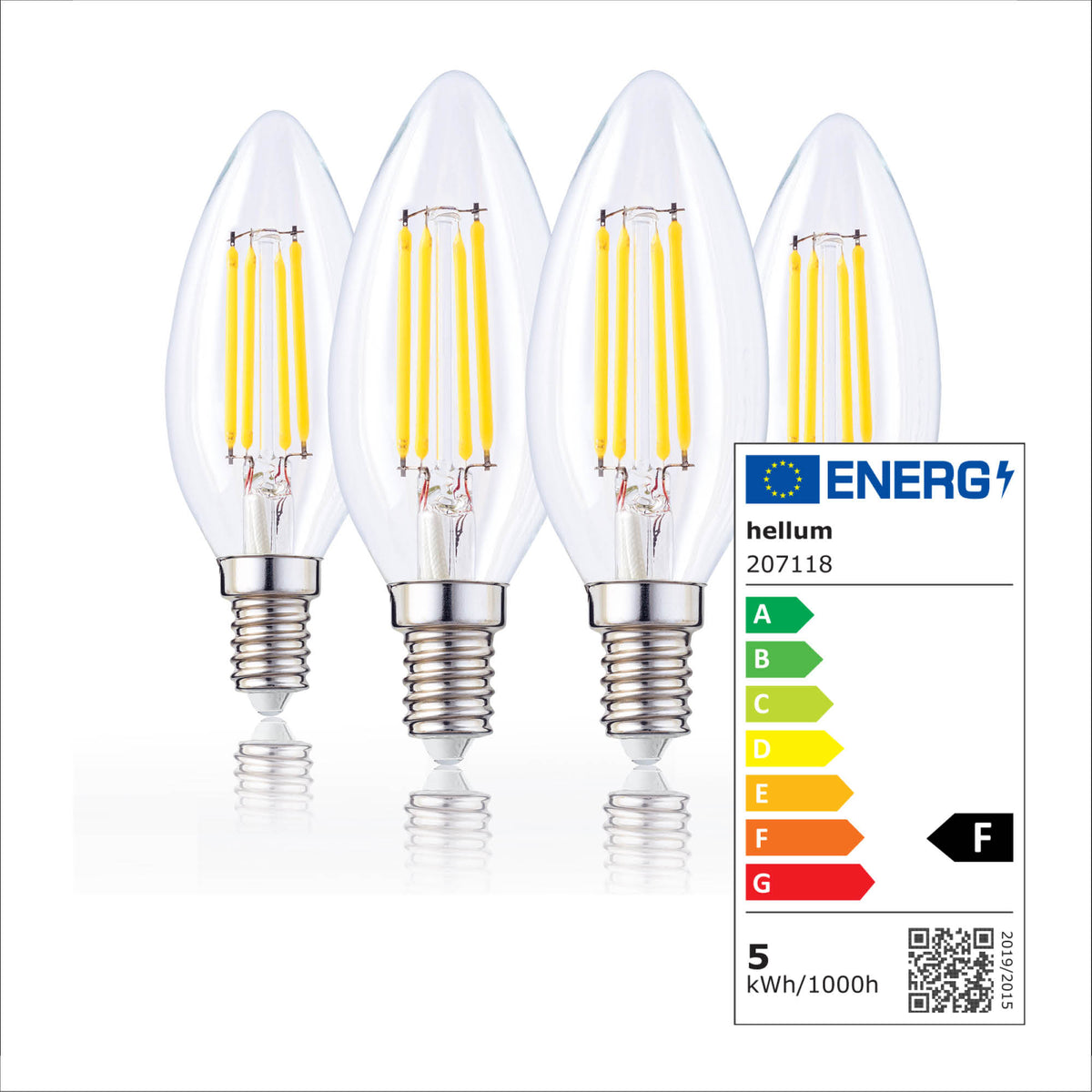 LED Kerzenbirne E14, 4er Set warmweiß, 4,5W 470 Lumen, klar, EPREL ID 1353788