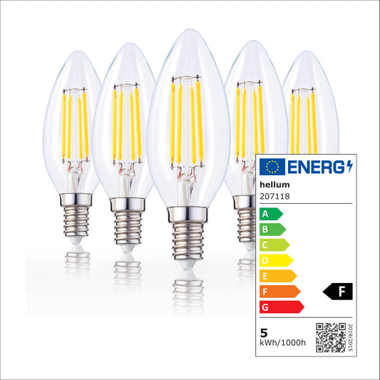 LED Kerzenbirne E14, 5er Set warmweiß, 4,5W 470 Lumen, klar, EPREL ID 1353788