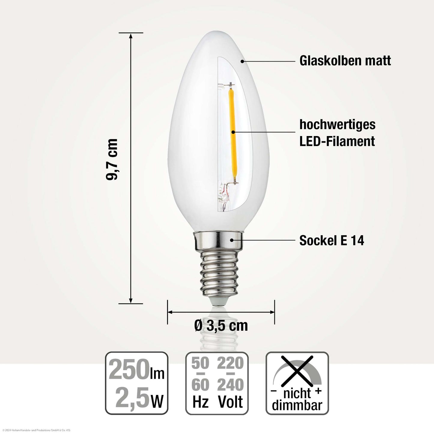 Hellum Kerzenlampe LED-Filament Glühbirne E14 warmweiß, 2,5W, 250 Lumen, C35, 2700 Kelvin matt, 3-er Set 220216