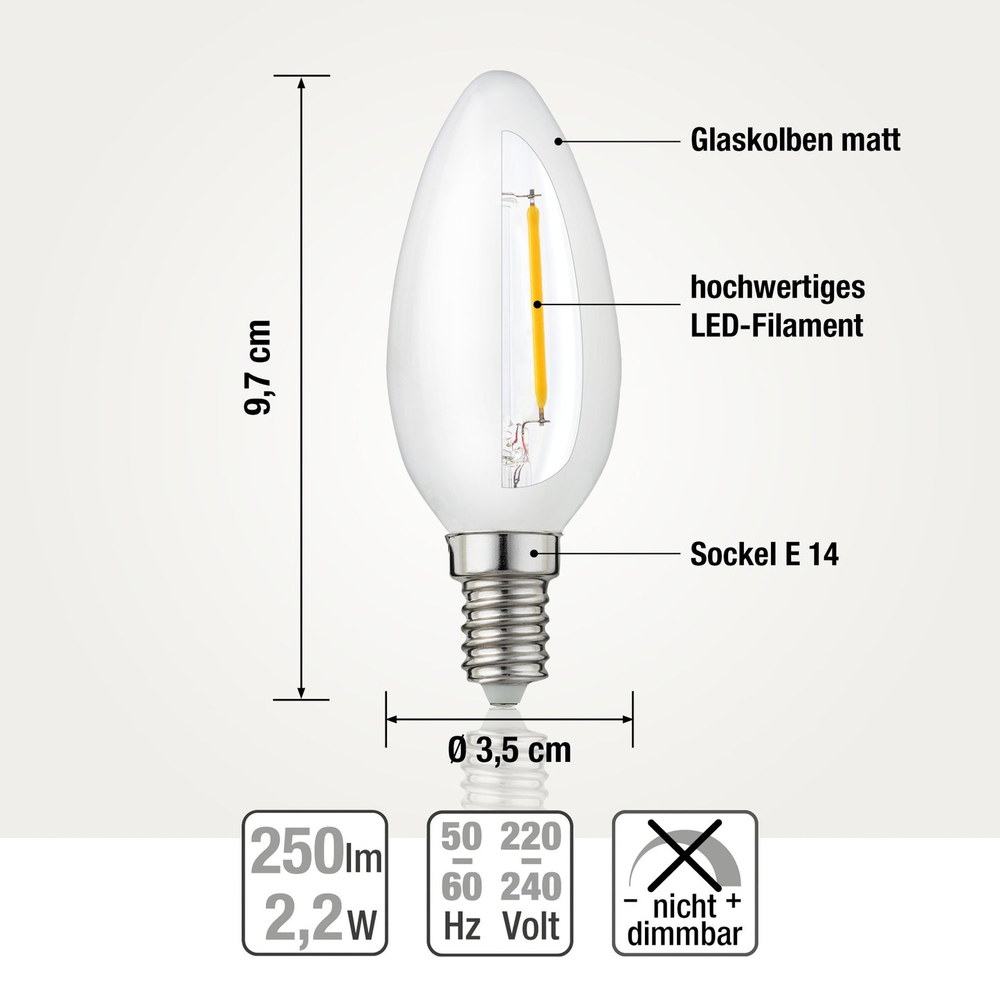 Hellum LED-Filament Glühbirne, E14, 2,5W, 250 Lumen, C35, 2700 Kelvin, warmweiß, matte Kerzenlampe 1 Stück 207200