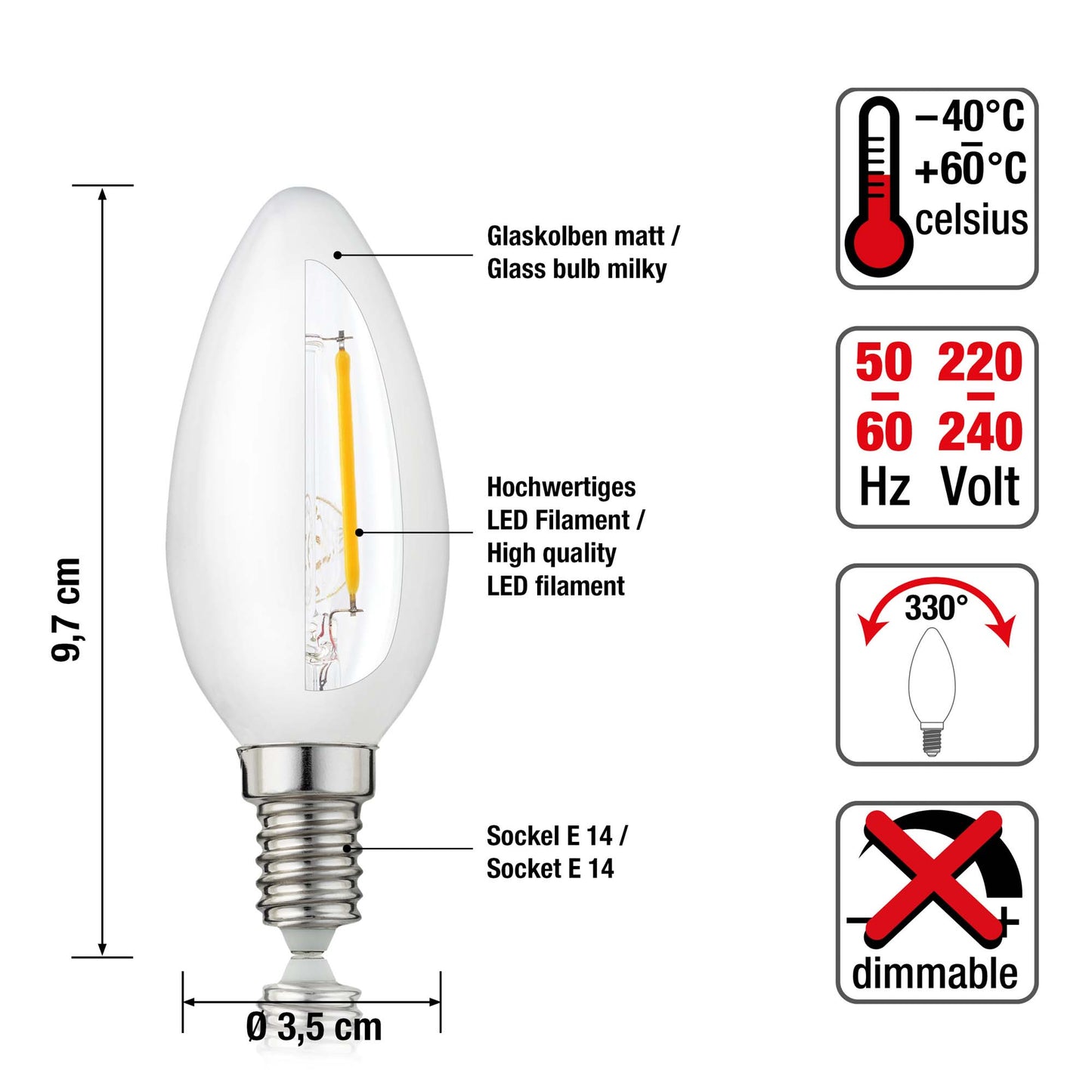 Hellum LED-Filament Glühbirne, E14, 2,5W, 250 Lumen, C35, 2700 Kelvin, warmweiß, matte Kerzenlampe 1 Stück 207200