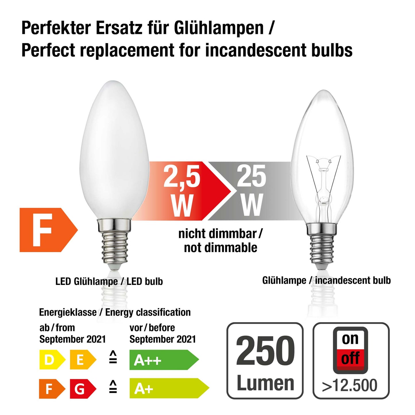 Hellum LED-Filament Glühbirne, E14, 2,5W, 250 Lumen, C35, 2700 Kelvin, warmweiß, matte Kerzenlampe 1 Stück 207200