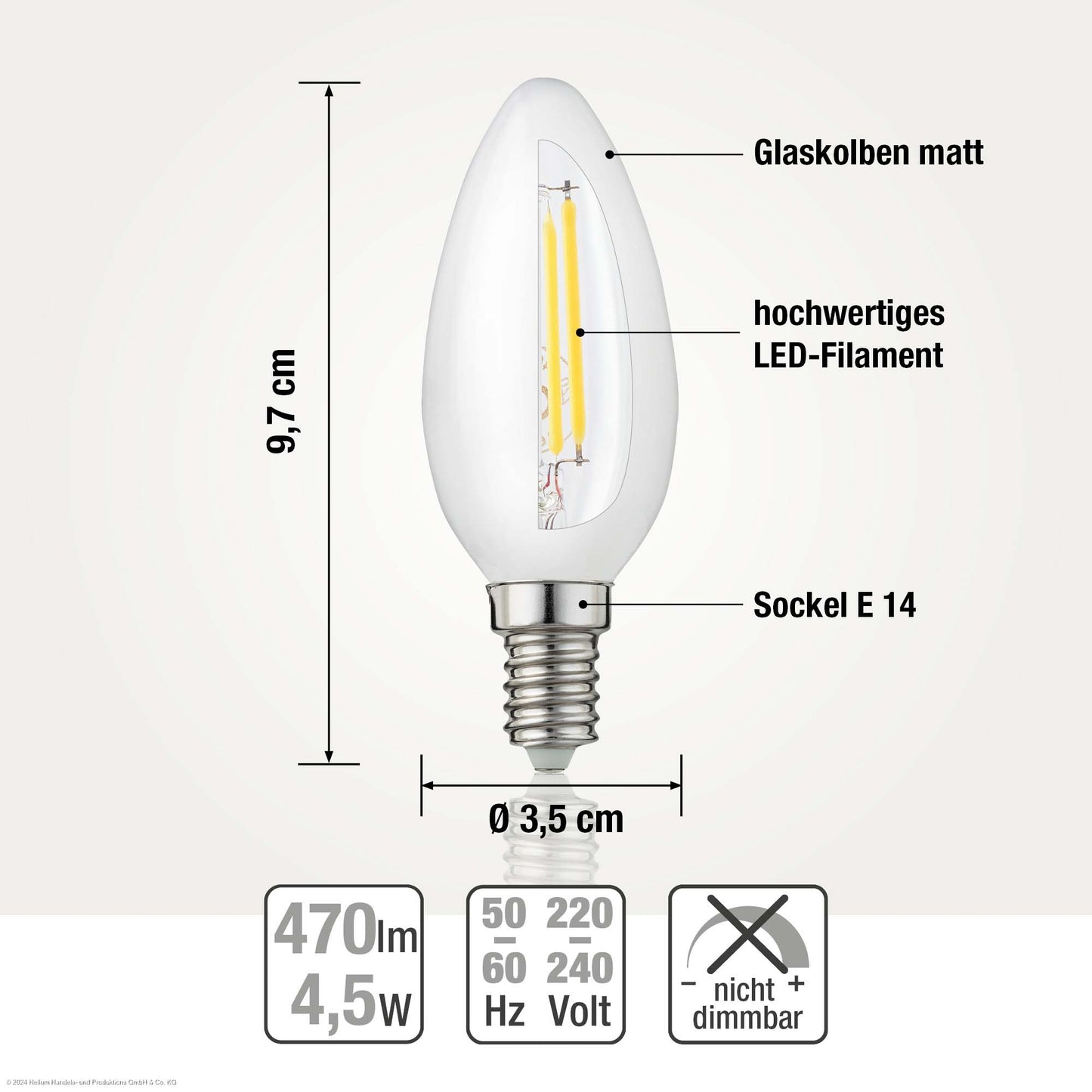 LED-Kerzenlampe C35, E14, 4,5W, Glas matt, 470 lm