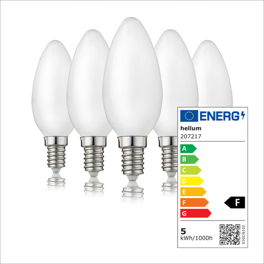 LED Kerzenbirne E14, 5er Set warmweiß, 4,2W 470 Lumen, 90 Ra, matt, EPREL ID 1354056