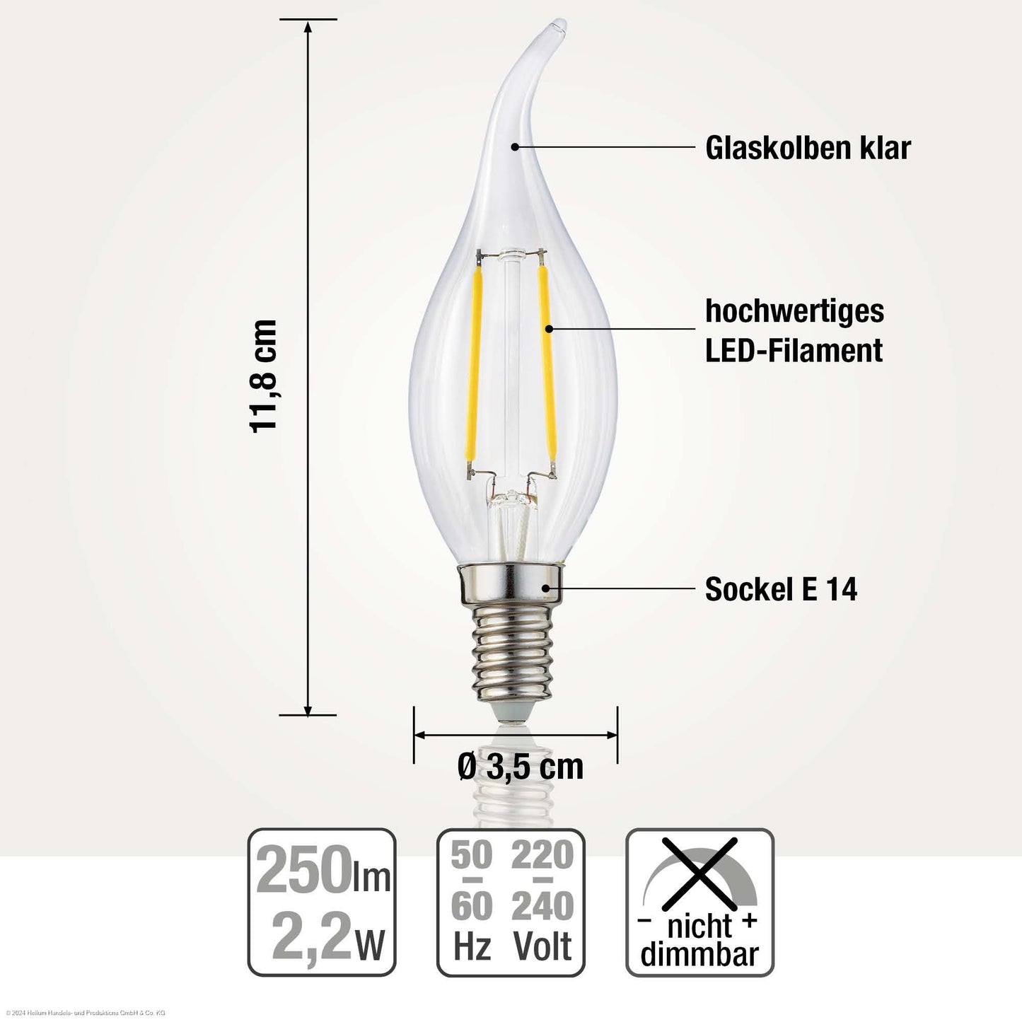 Glühbirne E14 LED warmweiss Kerzenform Windstoß klar 2,2W, 250lm, 2700K 207316