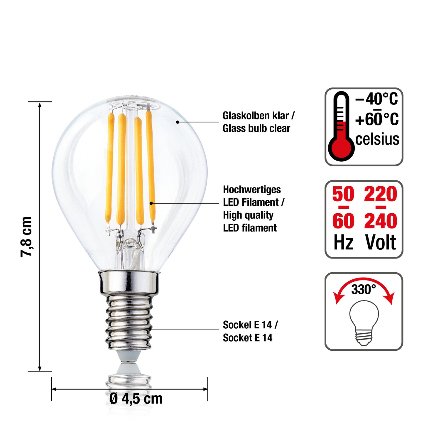 5er-Set_LED-Tropfenlampe G45,  E14, 4,2 W, 470lm, klar