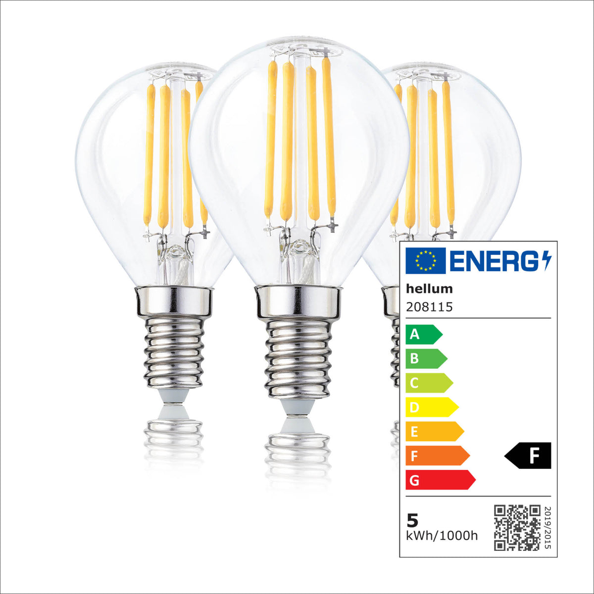 LED Glühbirne E14, 3er Set warmweiß, dimmbar, 4,2W 470 Lumen, 90 Ra, klar, EPREL ID 1359972