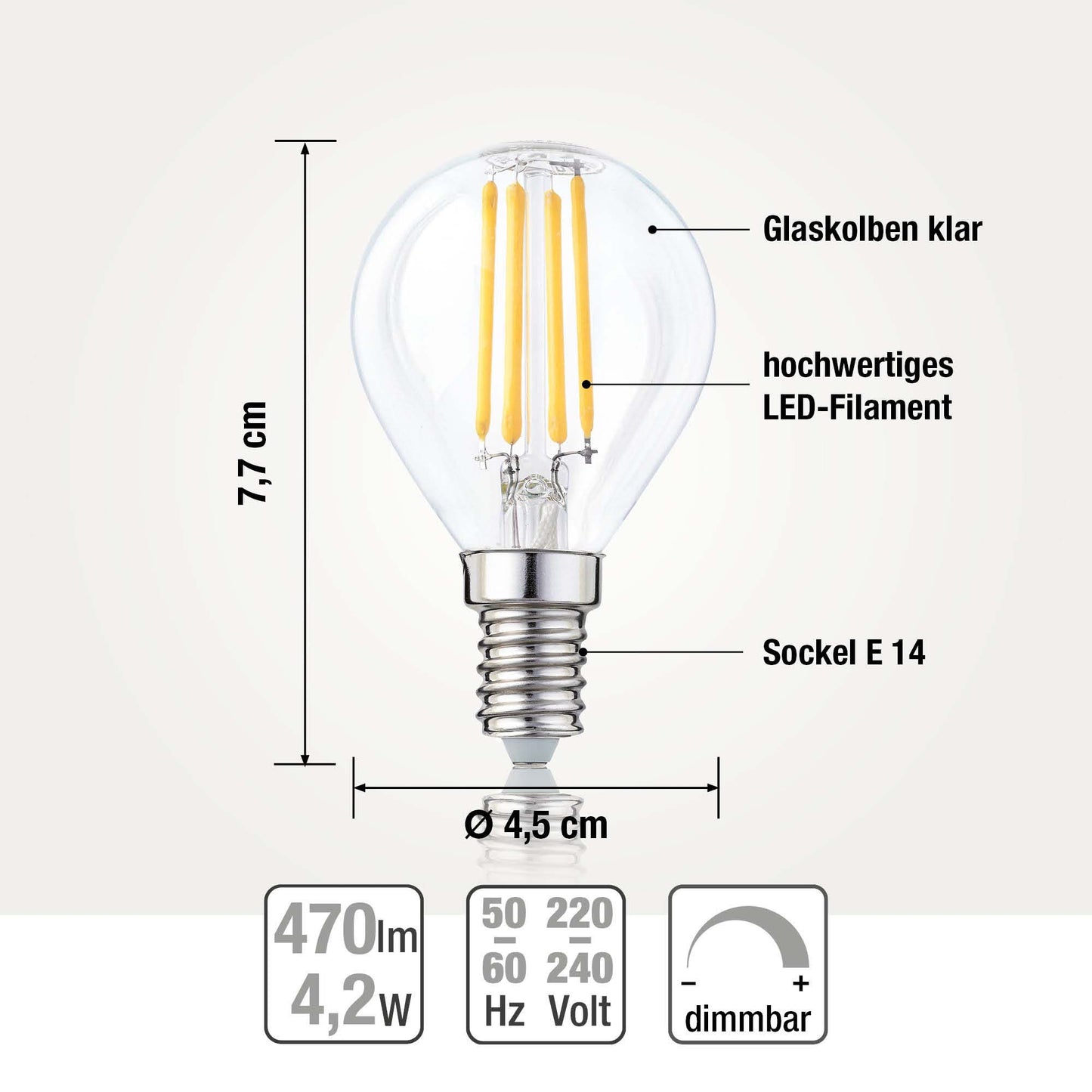 6er-Set LED-Glühlampe G45, E14, 4,2 W, 470 lm, 4 Filamente 220766