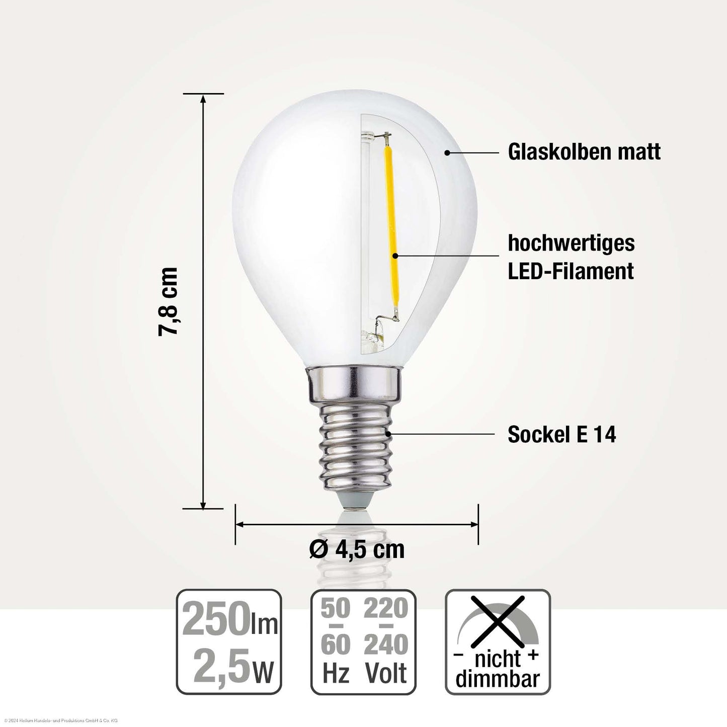 LED-Tropfenlampe G45, E14, 2,2 W, Glas matt, 250 lm