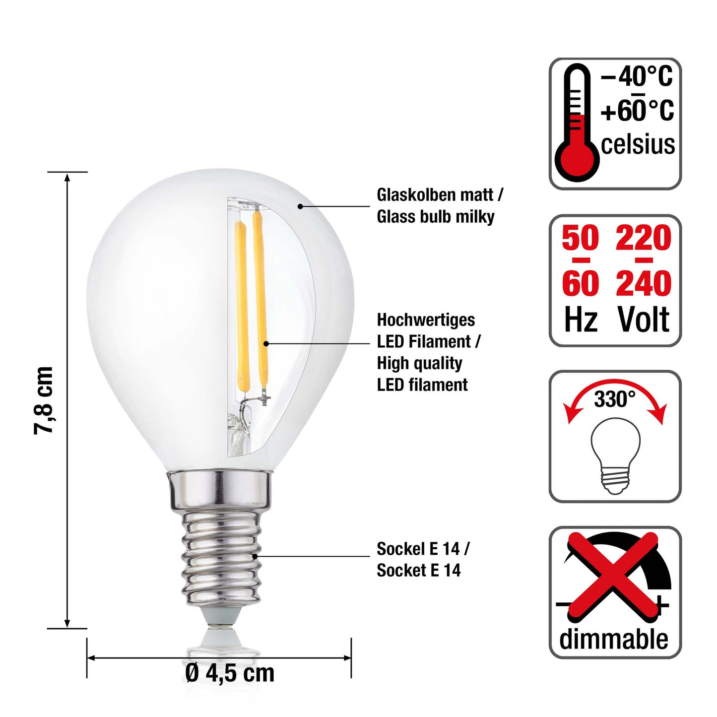 Hellum LED- Filament Glühbirne, Lampe E14 Warmweiß 2700 K, 4,5 W, G45 matt 1 Stück 208214