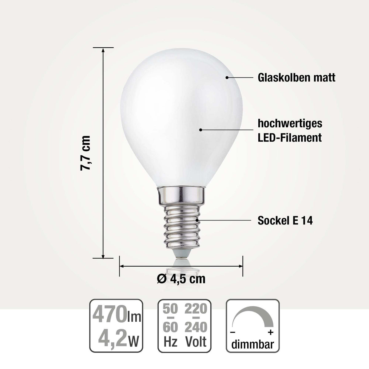 LED Glühbirne E14, warmweiß, 4,5W 470 Lumen, matt, EPREL ID 1177294