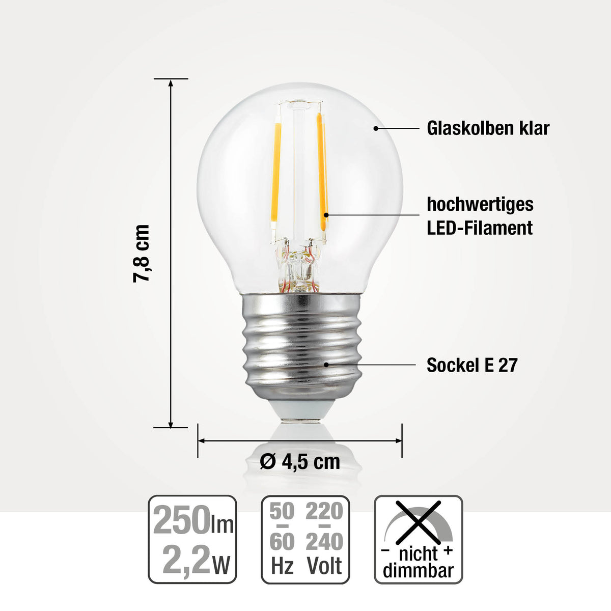 LED Glühbirne E27, 3er Set warmweiß, 2,2W 250 Lumen, klar, EPREL ID 2165830