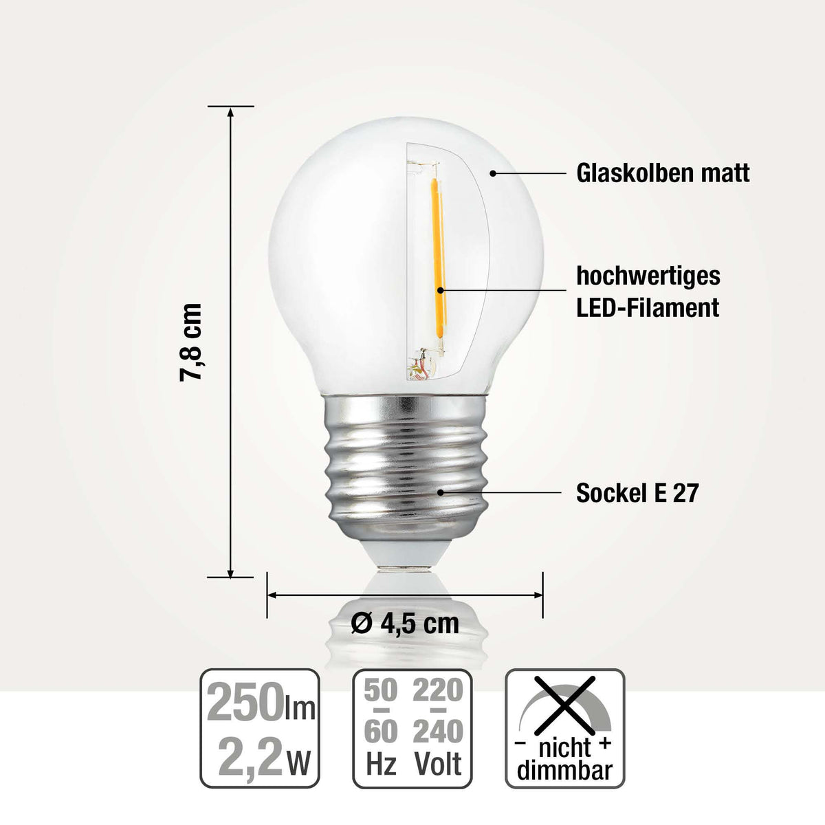 LED Glühbirne E27, warmweiß, 2,2W 250 Lumen, matt, EPREL ID 2181336