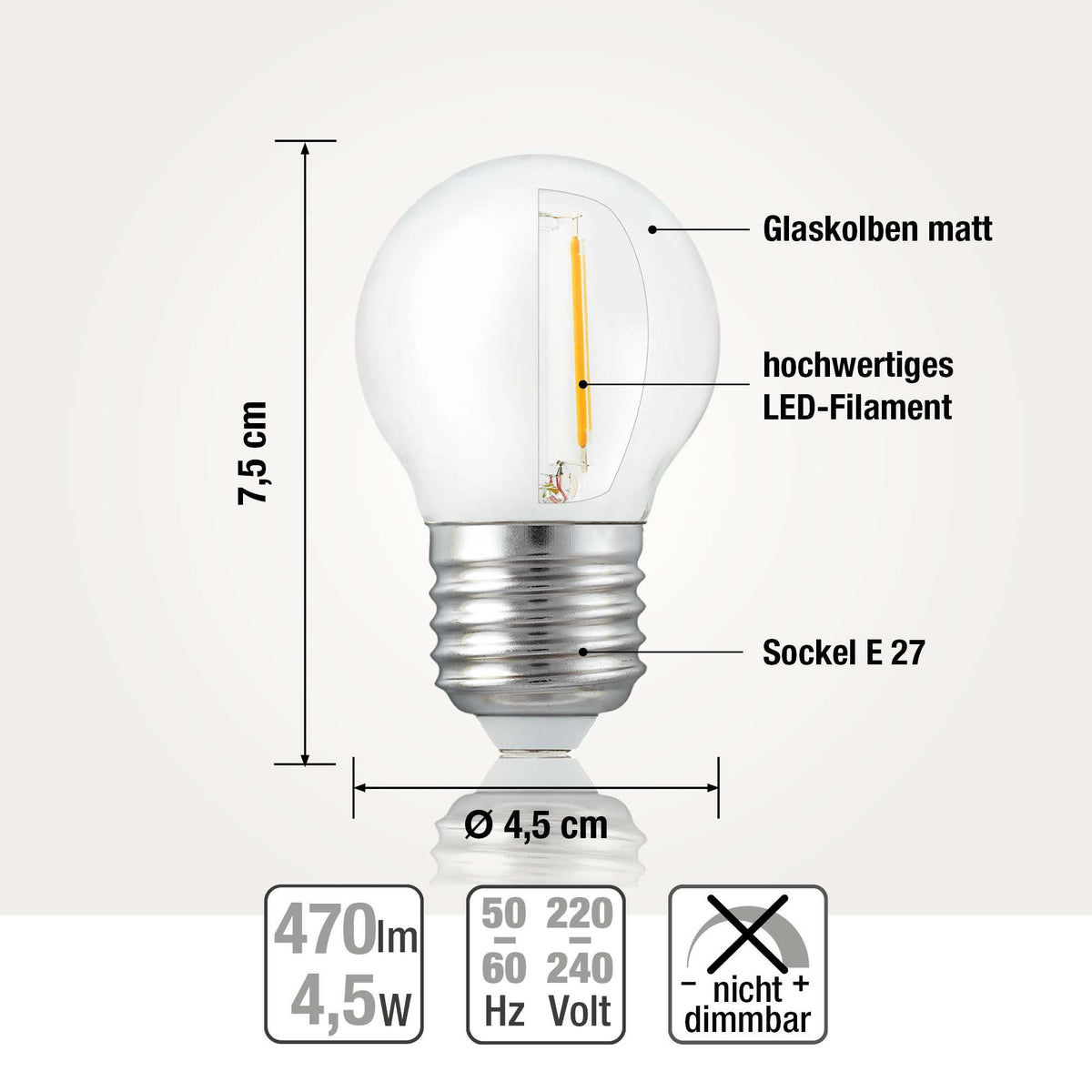 LED Glühbirne E27, warmweiß, 4,5W 470 Lumen, matt, EPREL ID 941770