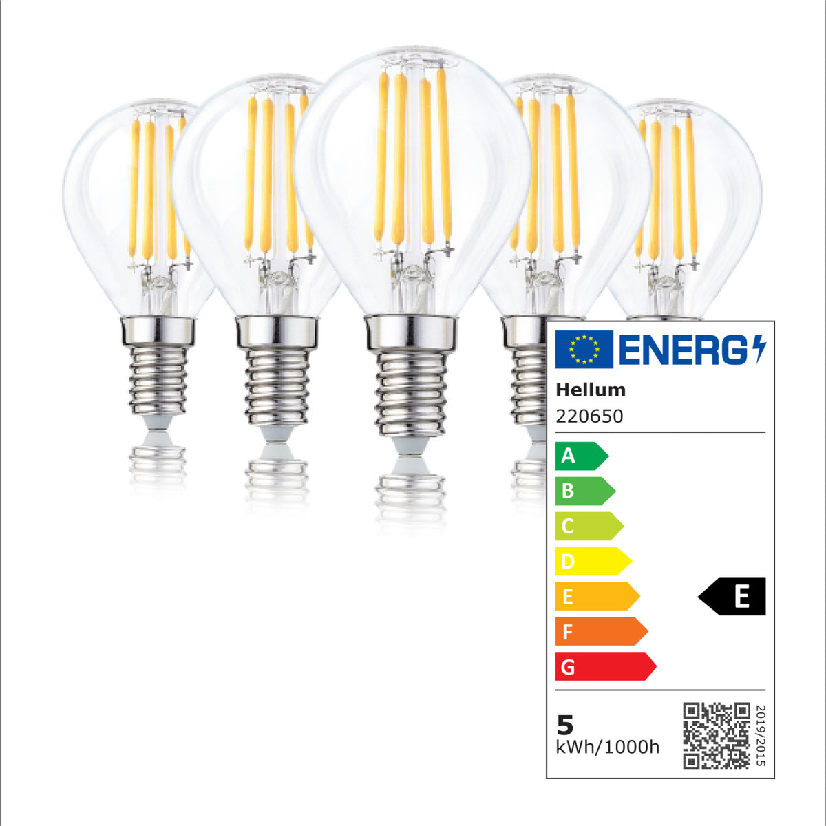 LED Glühbirne E14, 5er Set warmweiß, dimmbar, 4,2W 470 Lumen, 90 Ra, klar, EPREL ID 1859354
