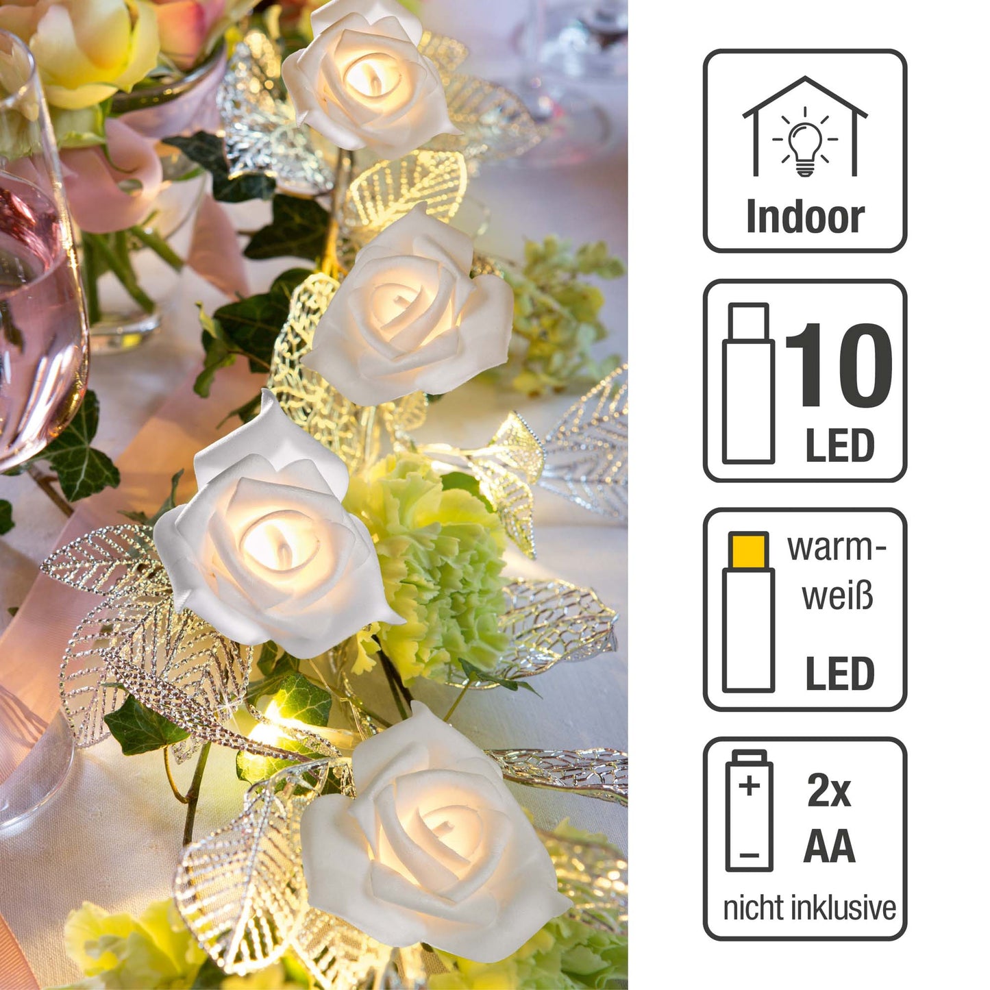 2er Set 10-tlg. LED-Lichterkette mit weißen Rosen, warm-weiße LEDs, batteriebetrieben 300239