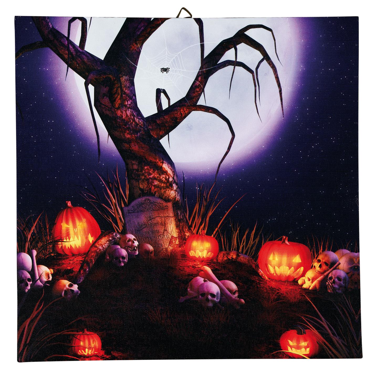 LED-Bild "Kürbisse und Grabstein", 6 LEDs,30x30cm, batteriebetrieben