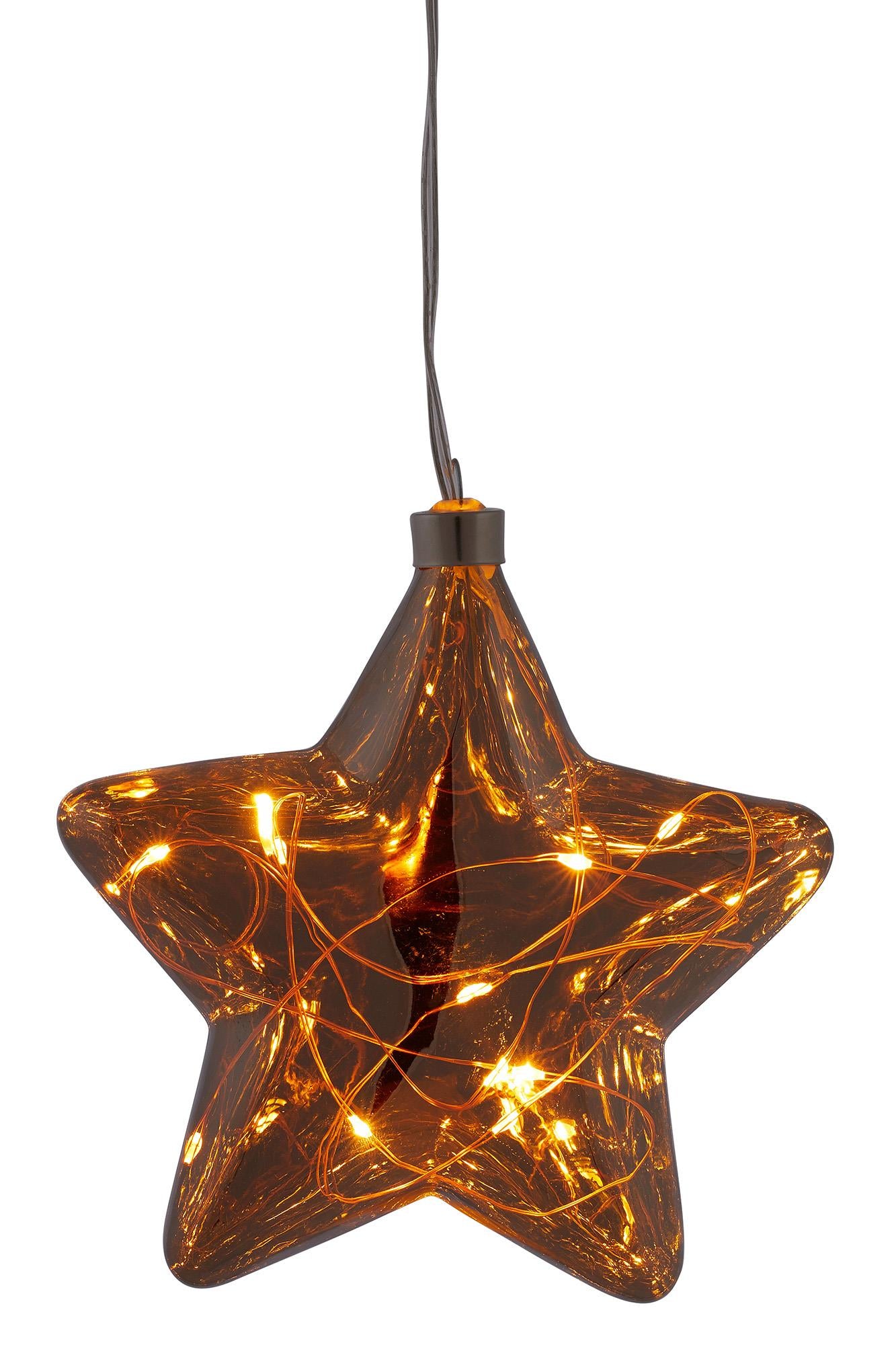 LED-Glas-Stern, rauchgrau,  mit Lichterkette "Tauperlen", 10 LEDs bernsteinfarbene, 6 h Timer
