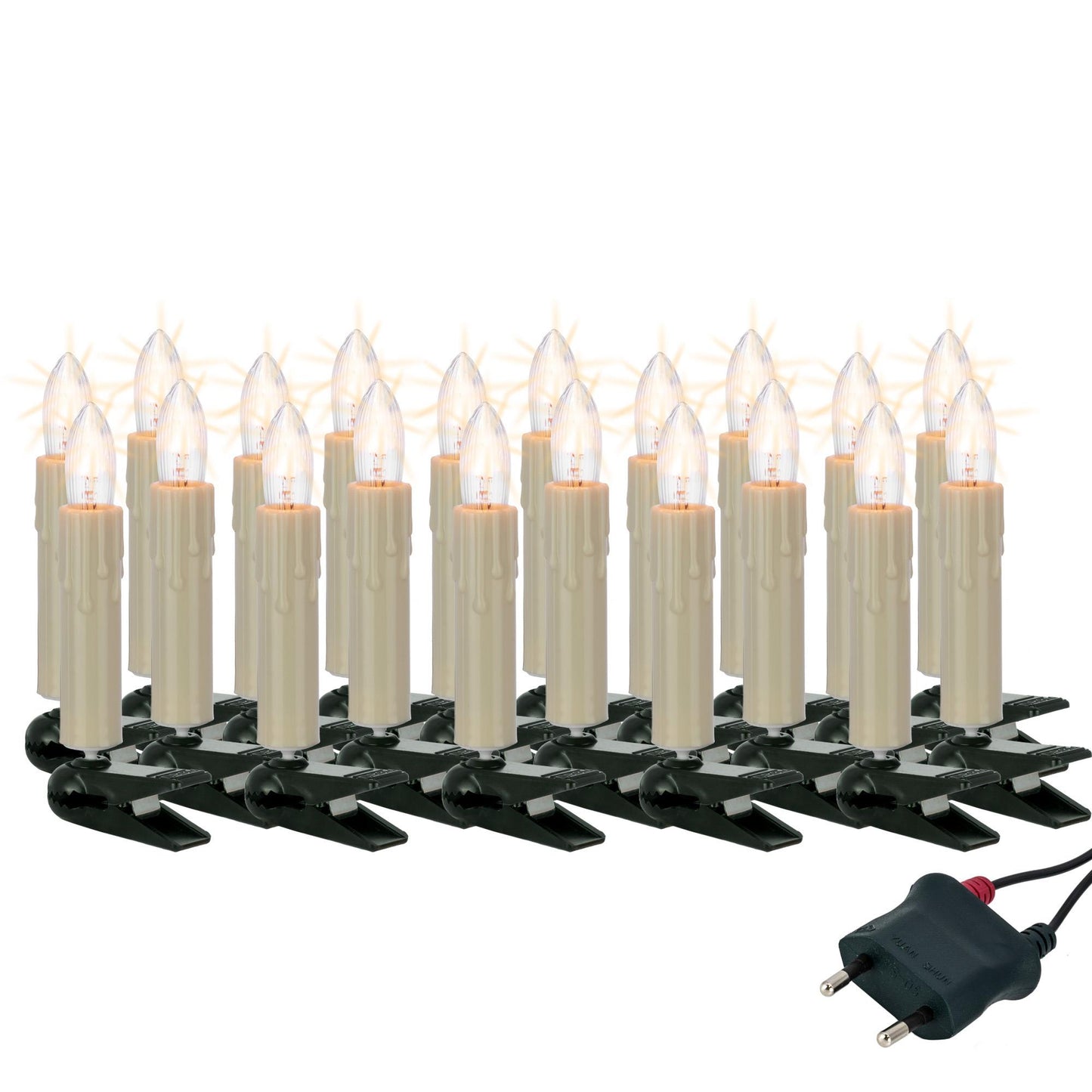 Riffelkette mit Tropfen elfenbein, 20 Lampen klar,  für innen, teilbarer Stecker
