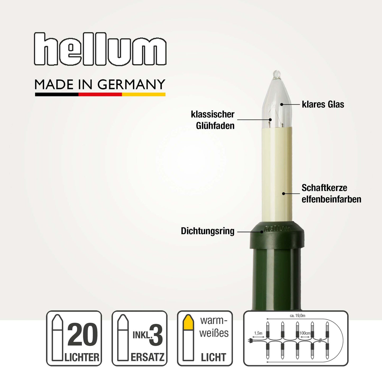 Hellum Schaftkerzenkette, Made in Germany, 20 Kerzen, für außen, inkl. 3 Ersatzkerzen, kein LED 430011