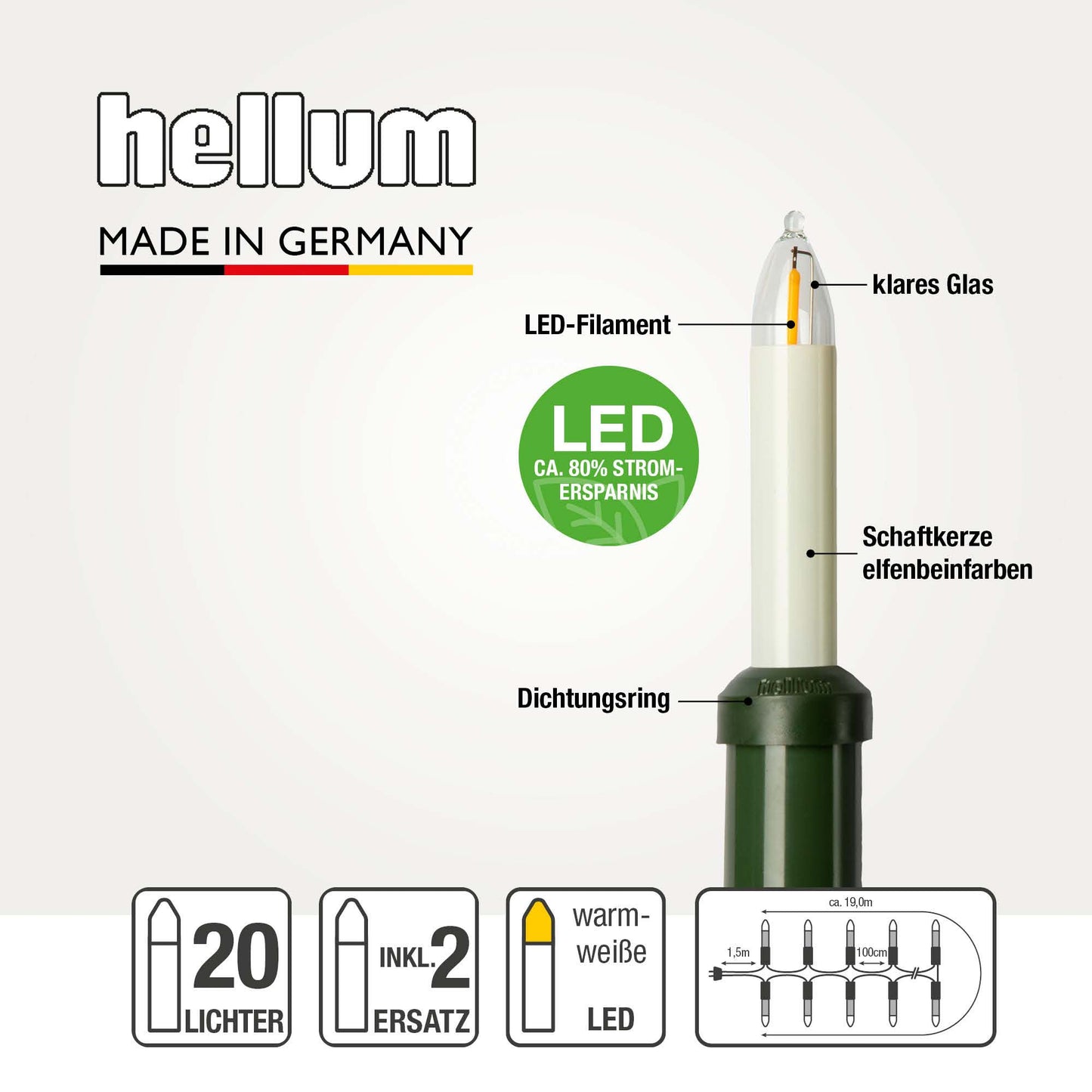 Hellum LED-Filament Schaftkerzenkette, Made in Germany, 20 LED-Filament Kerzen, für außen, inkl. 2 Ersatzkerzen 430035