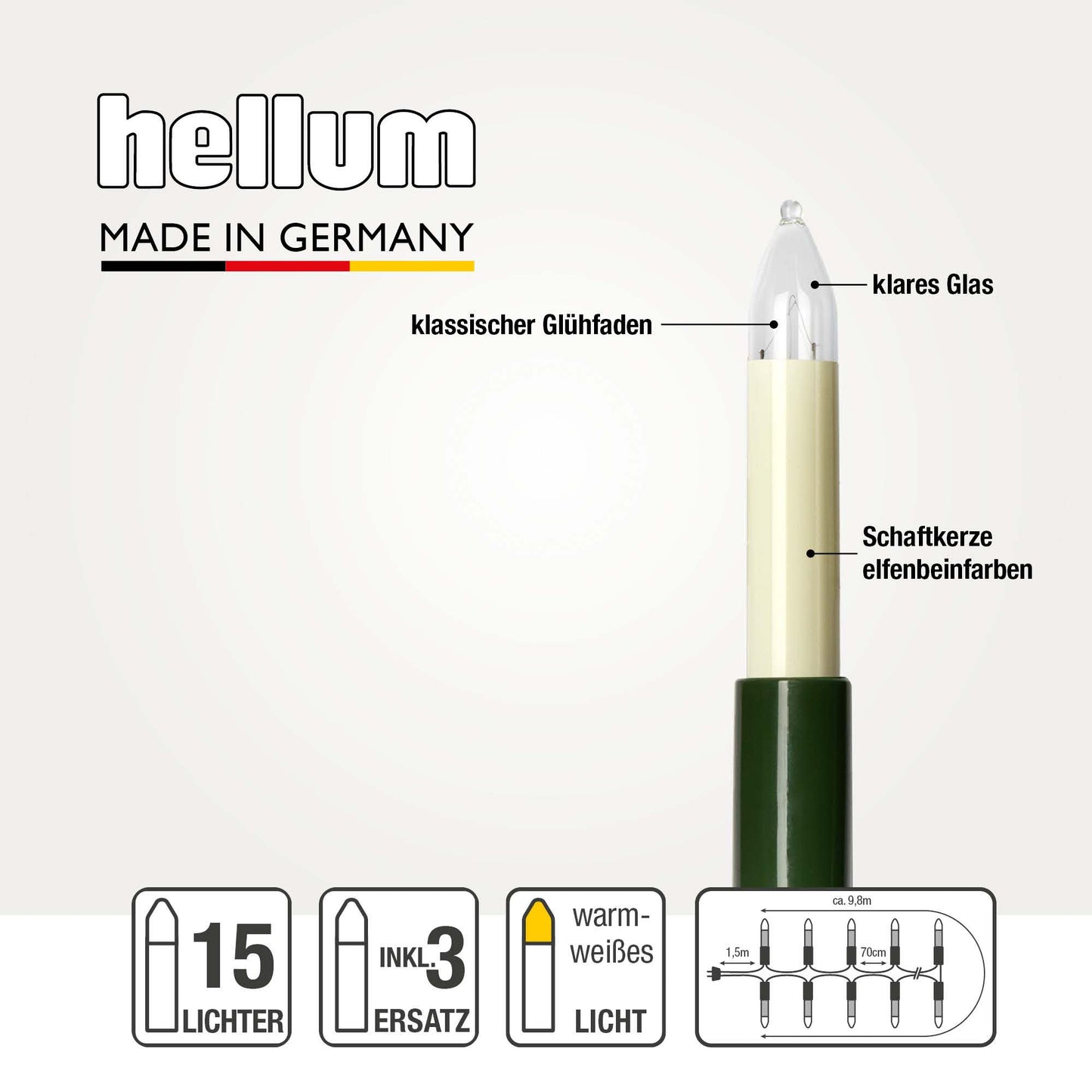 15-tlg. Schaftkerzenkette, klare Lampen, für innen, teilb. Stecker mit 3x Ersatzkerzen 430059