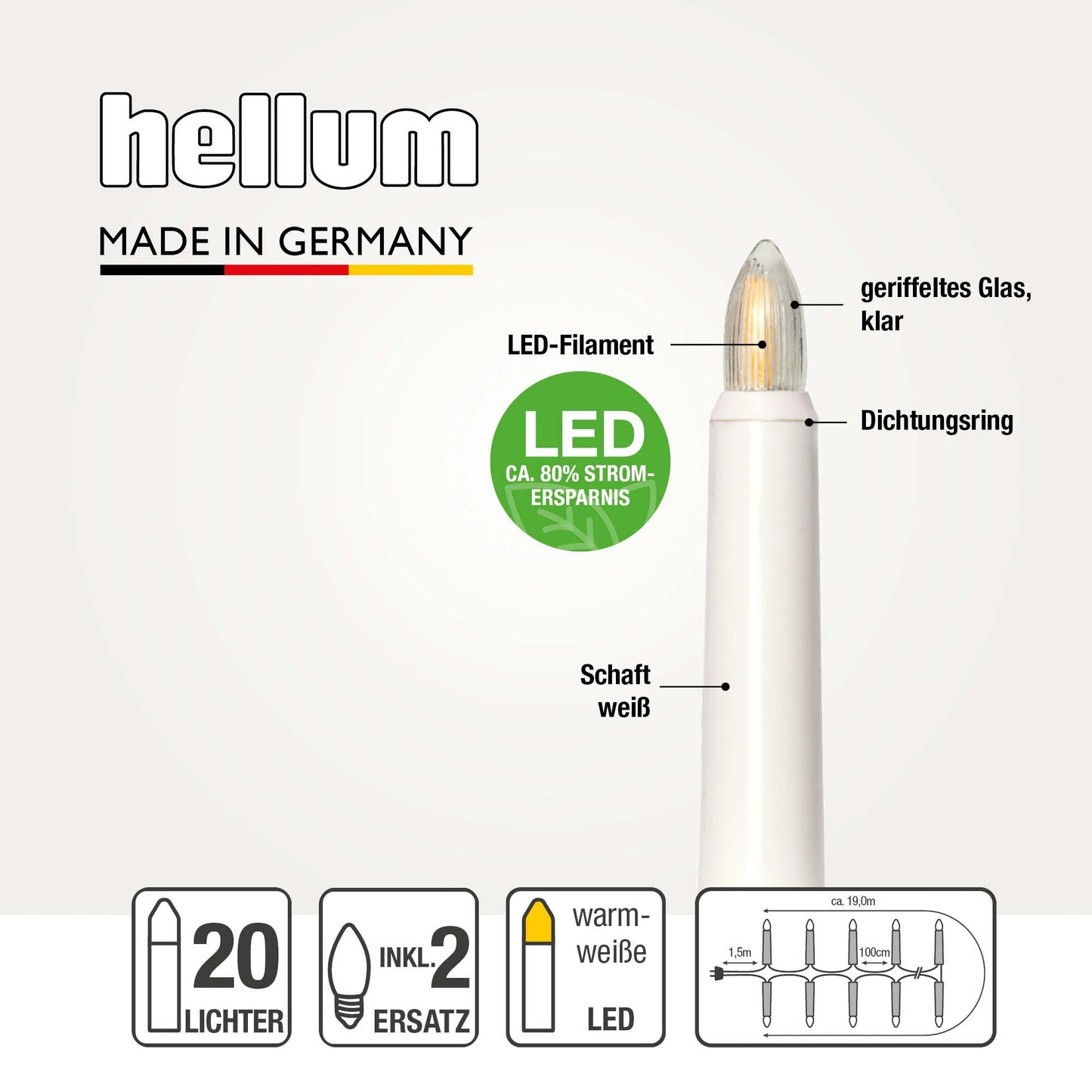 Lichterkette Weihnachtsbaum LED Filament, außen 20 teilig, Made in Germany, Riffelkerzen, inkl. 2 Ersatzkerzen