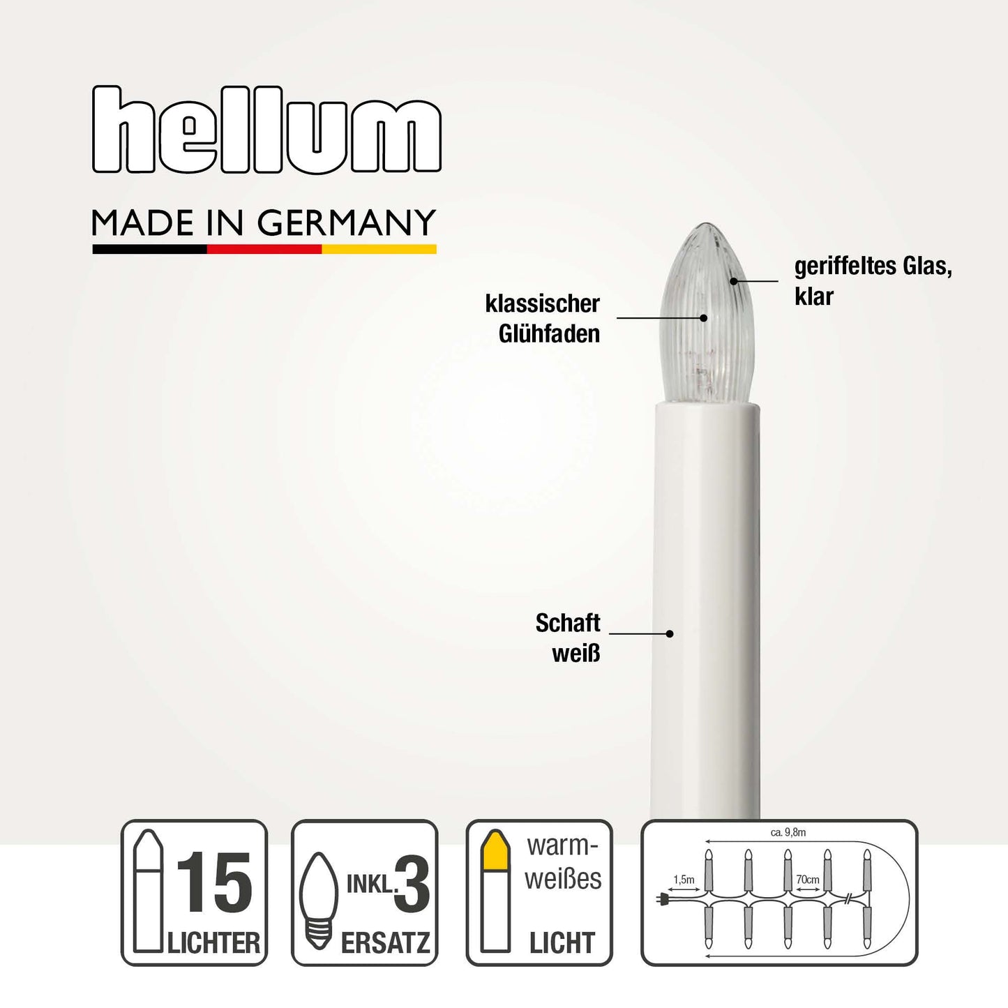 Lichterkette Weihnachtsbaum innen 15 teilig, Made in Germany, Riffelkerzen, inkl. 3 Ersatzkerzen, Glühfaden