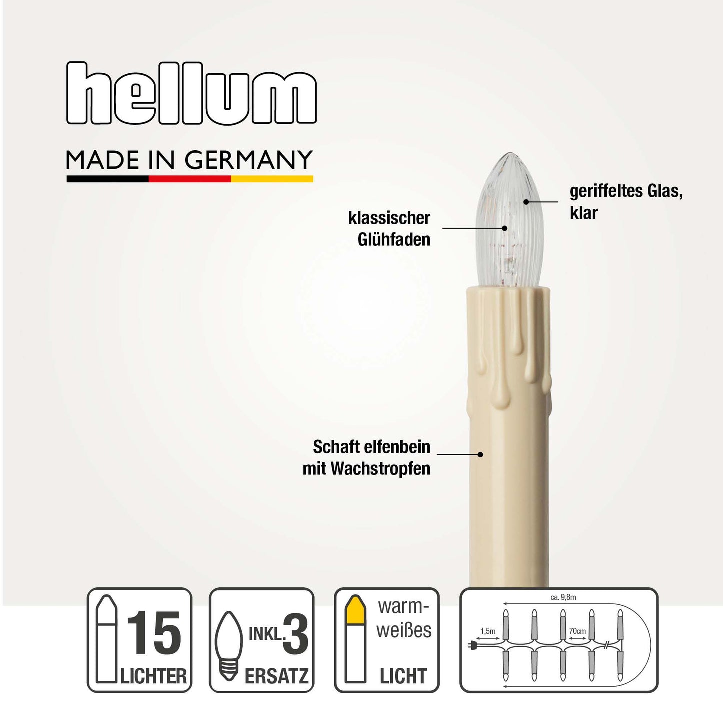 Lichterkette Weihnachtsbaum innen 15 teilig, Made in Germany, Riffelkerzen, mit Wachstropfen, inkl. 3 Ersatzkerzen, elfenbein, Glühfaden