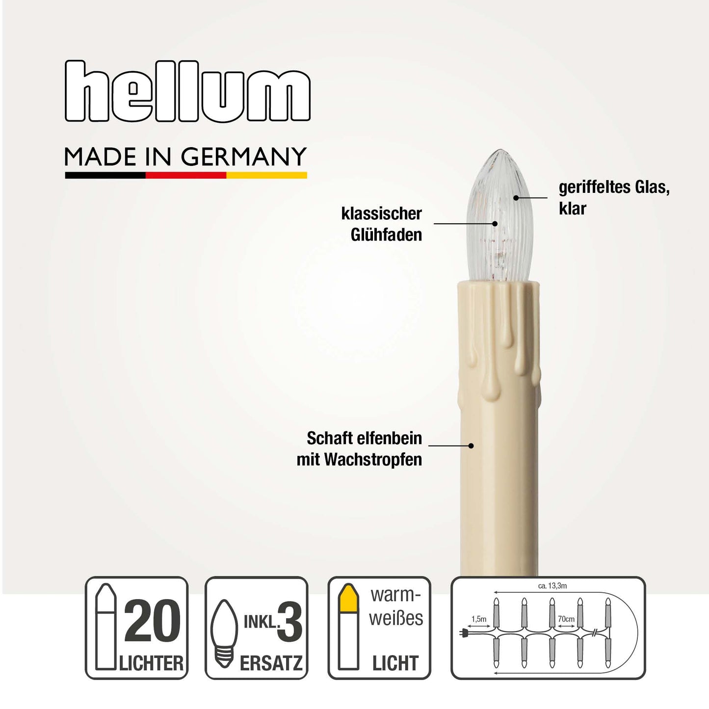 Lichterkette Weihnachtsbaum innen 20 teilig, Made in Germany, Riffelkerzen, mit Wachstropfen, inkl. 3 Ersatzkerzen, elfenbein, Glühfaden