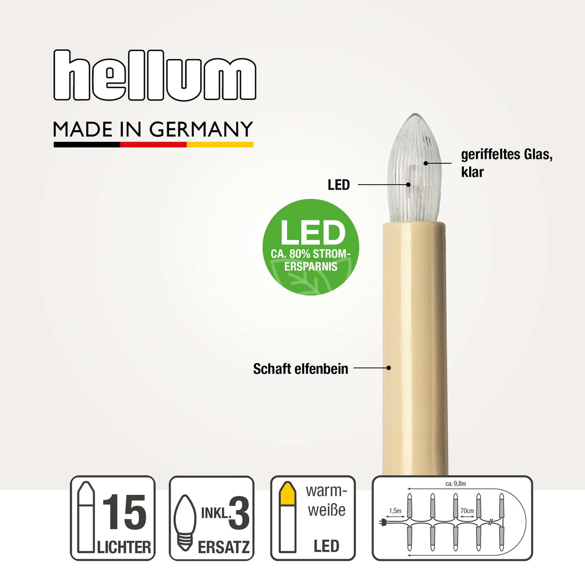 Lichterkette Weihnachtsbaum LED, innen 15 teilig, Made in Germany, Riffelkerzen, inkl. 3 Ersatzkerzen, elfenbein