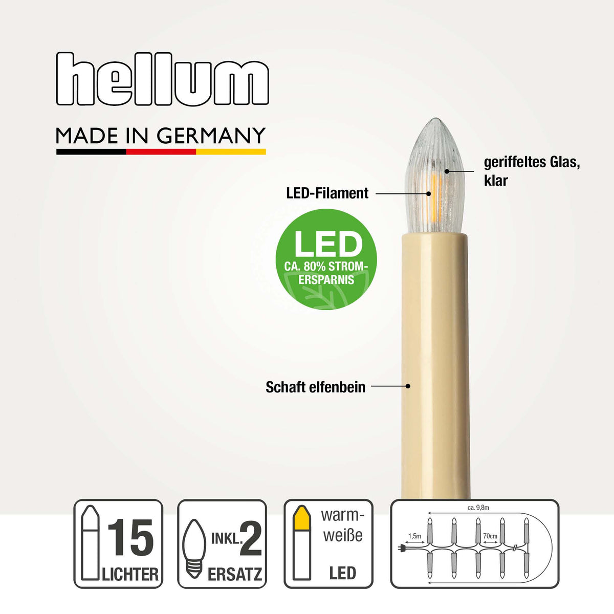 Lichterkette Weihnachtsbaum LED-Filament, innen 15 teilig, Made in Germany, Riffelkerzen, inkl. 3 Ersatzkerzen, elfenbein