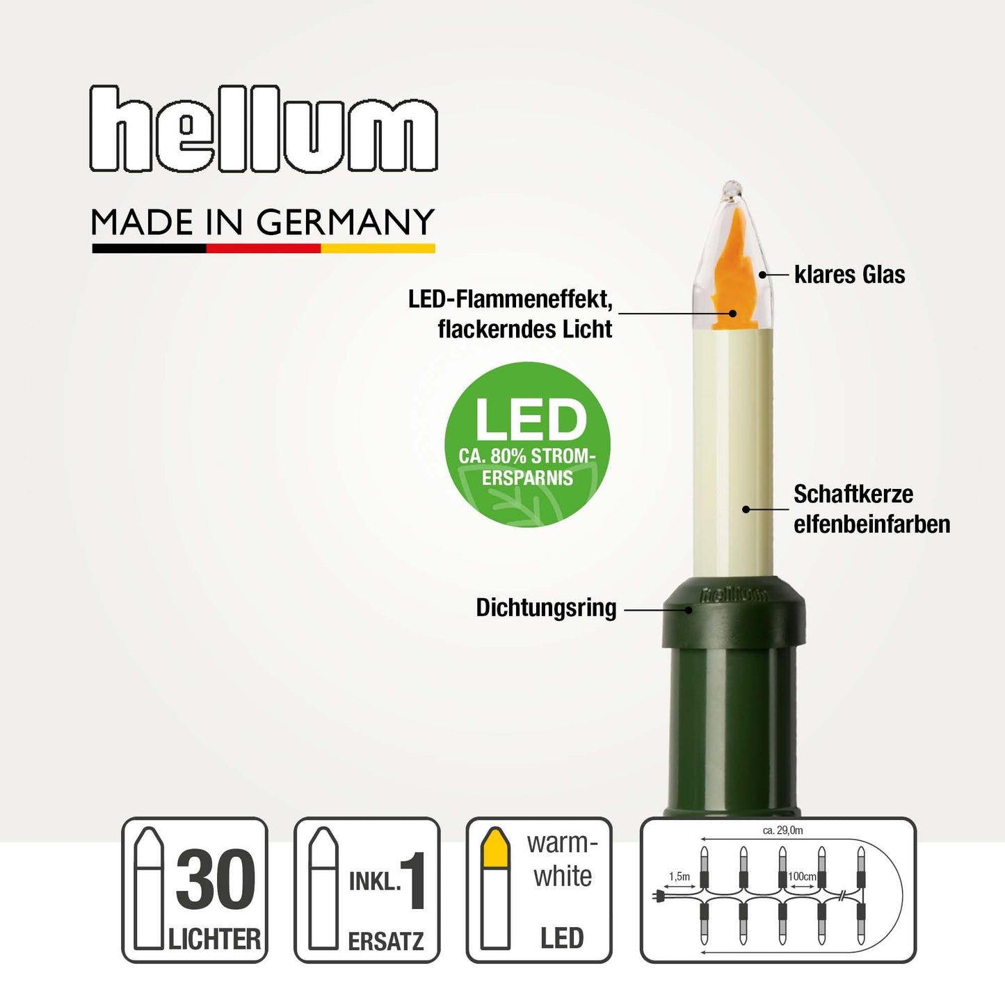 Hellum Flammeneffekt Schaftkerzenkette, Made in Germany, 30 LED-Filament Kerzen, für außen, inkl. 1 Ersatzkerze 430233