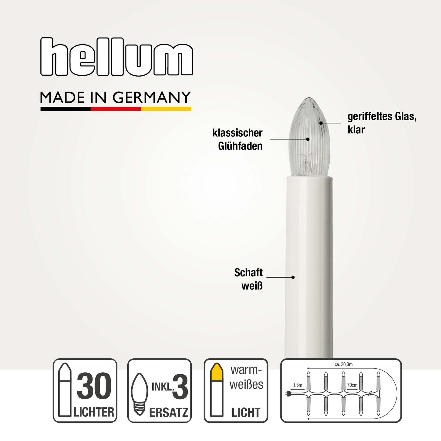 Lichterkette Weihnachtsbaum innen 30 teilig, Made in Germany, Riffelkerzen, inkl. 3 Ersatzkerzen, Glühfaden