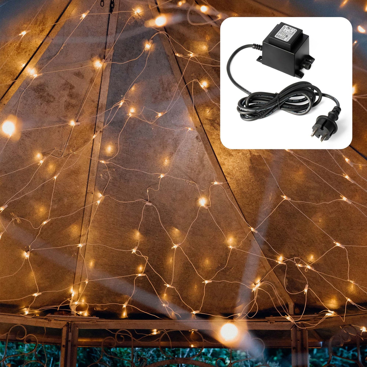208-tlg. Pavillon-Netz, weißes Kabel, klare Birnen, 3 x 3 m,  Außen-Trafo