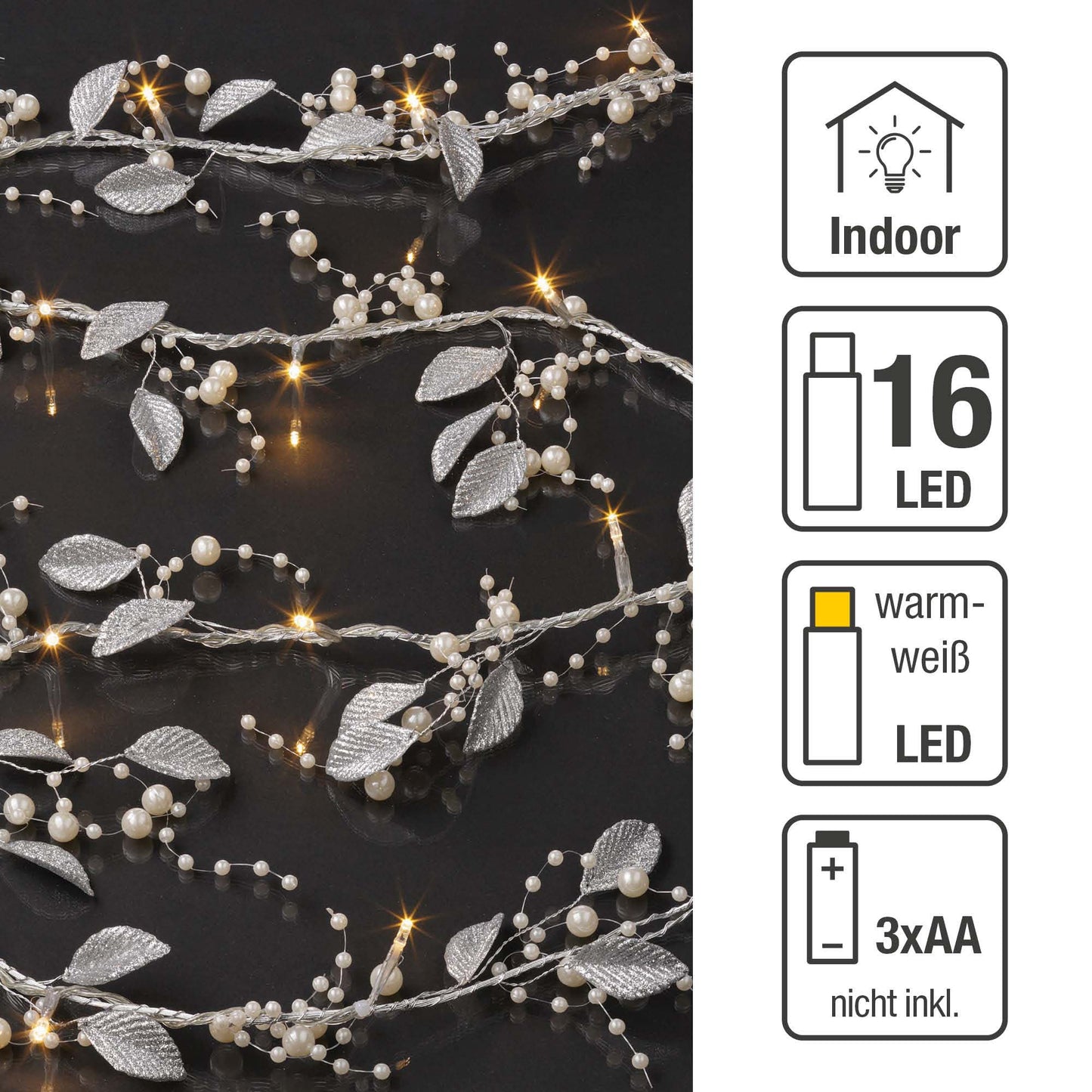 LED-Lichterkette mit  silberfarbenen Blättern und Kugeln, 16 LEDs ww, batterieb.
