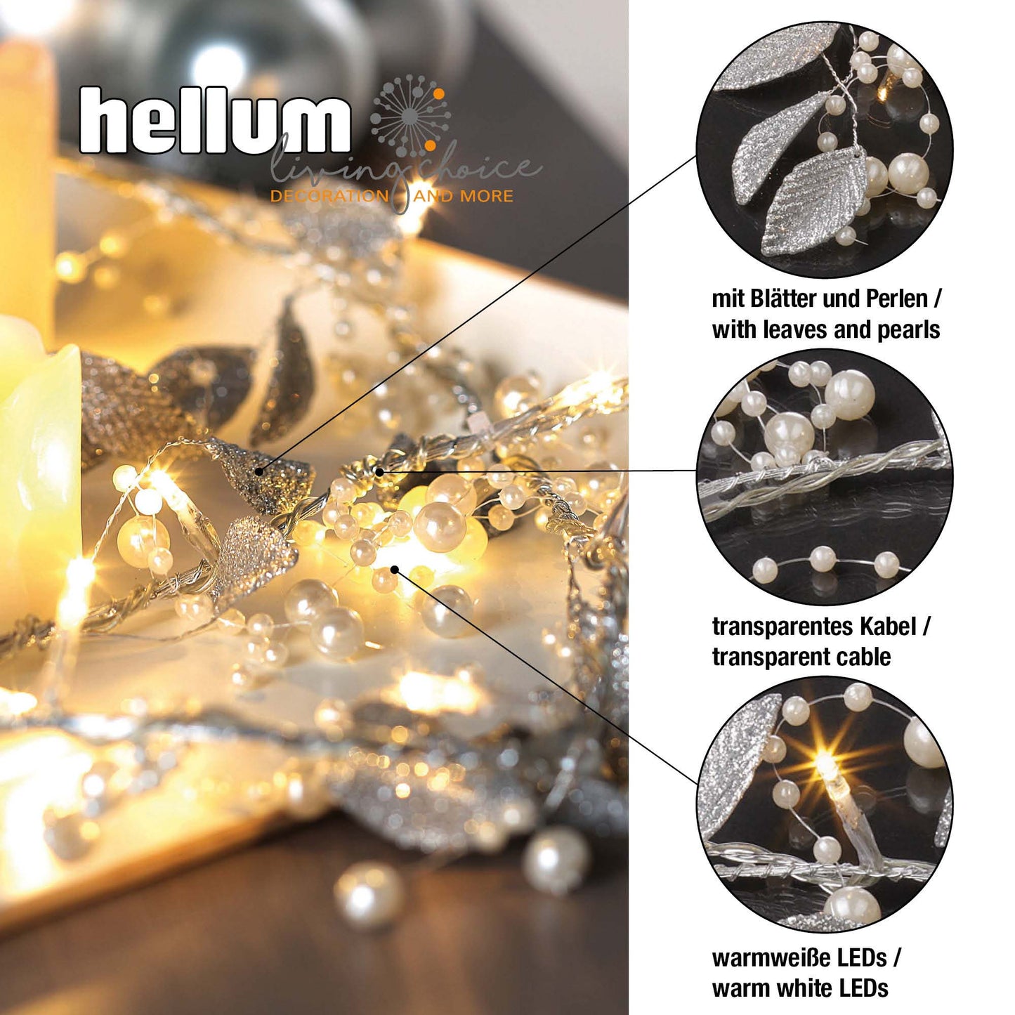 LED-Lichterkette mit  silberfarbenen Blättern und Kugeln, 16 LEDs ww, batterieb.