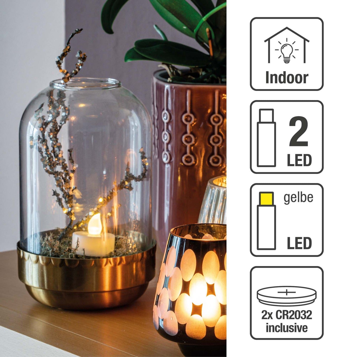 LED-Teelicht weiß, gelbe LEDs, 2er Set, batteriebetrieben