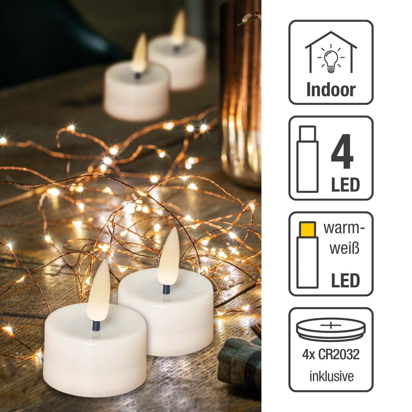 LED-Teelicht mit echtem Docht, 4er Set, batteriebetrieben