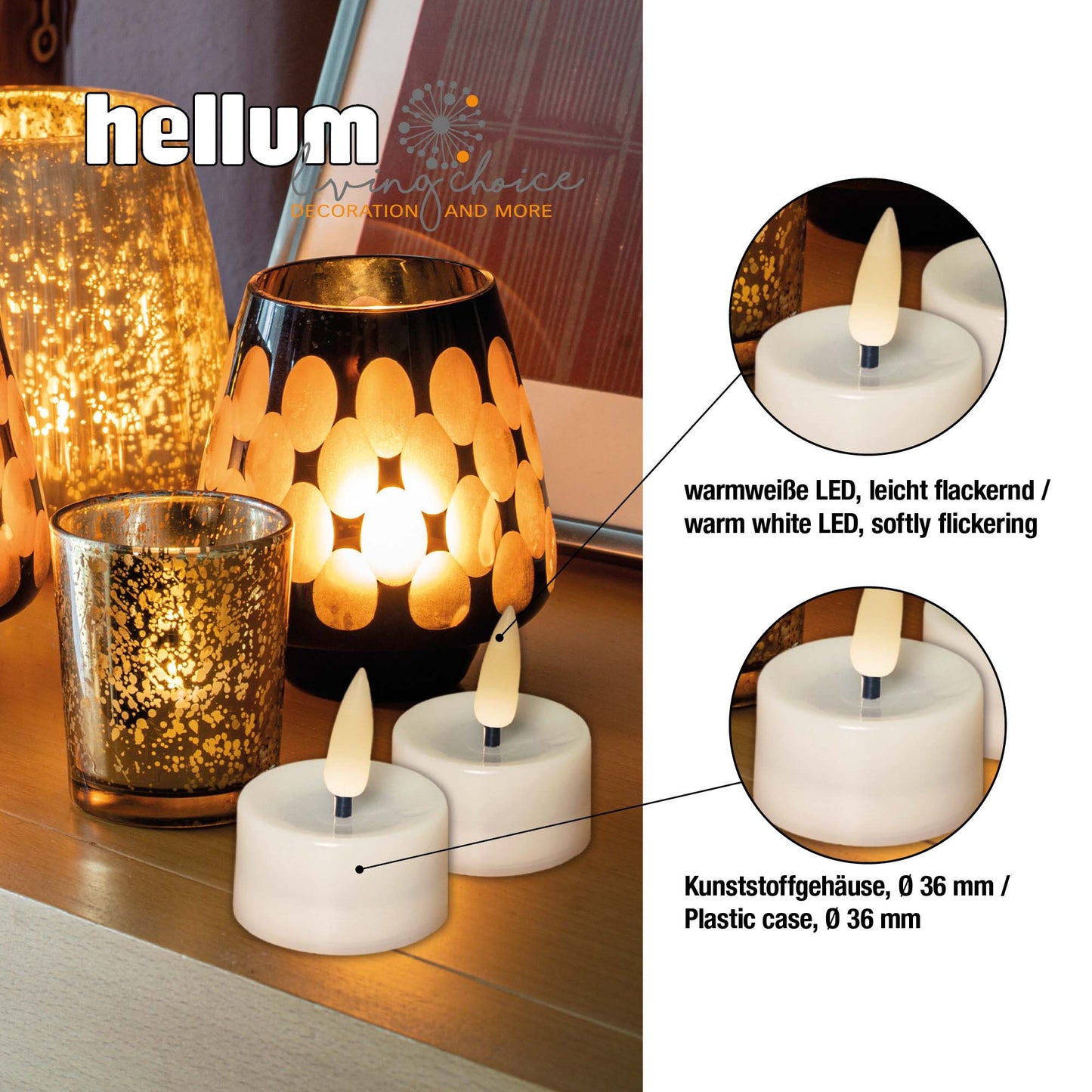 LED-Teelicht mit echtem Docht, 4er Set, batteriebetrieben