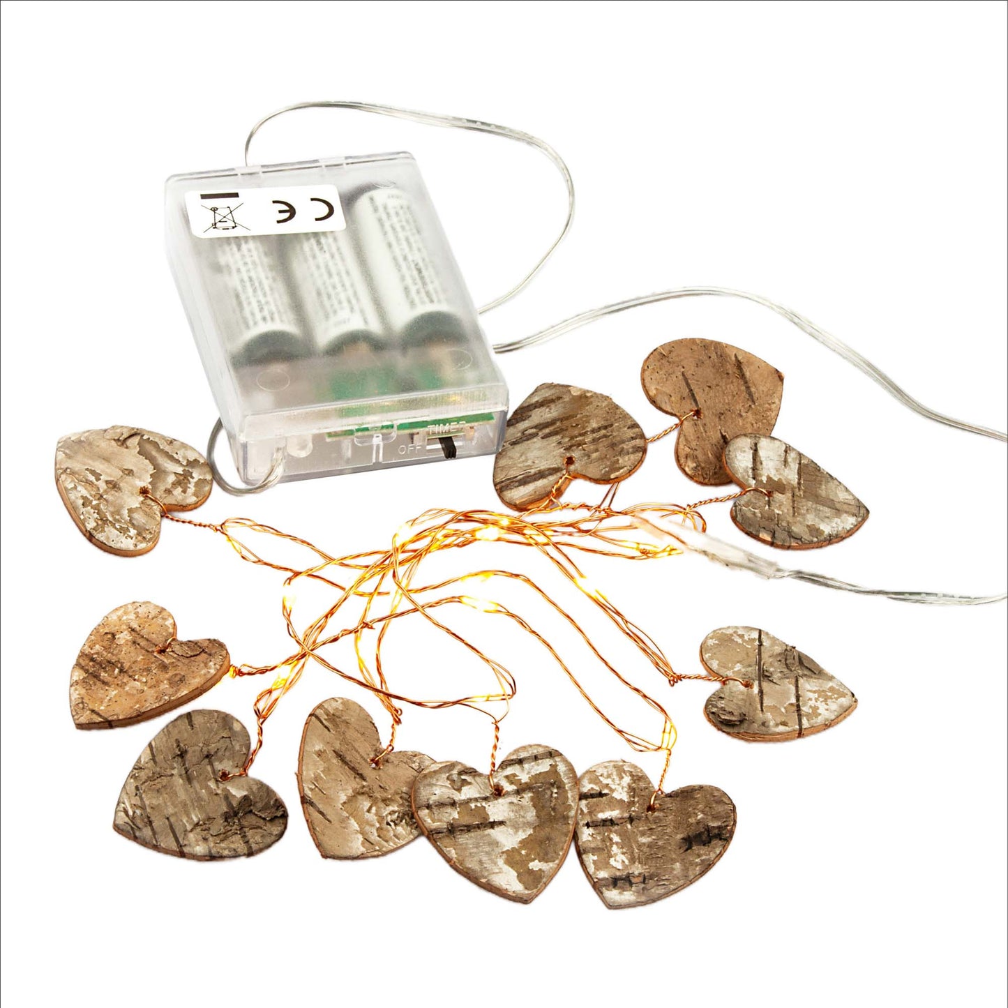 Hellum LED Herzlichterkette Holz, 10 Holzherzen, beleuchtet 0,95 m, Batterie 520453