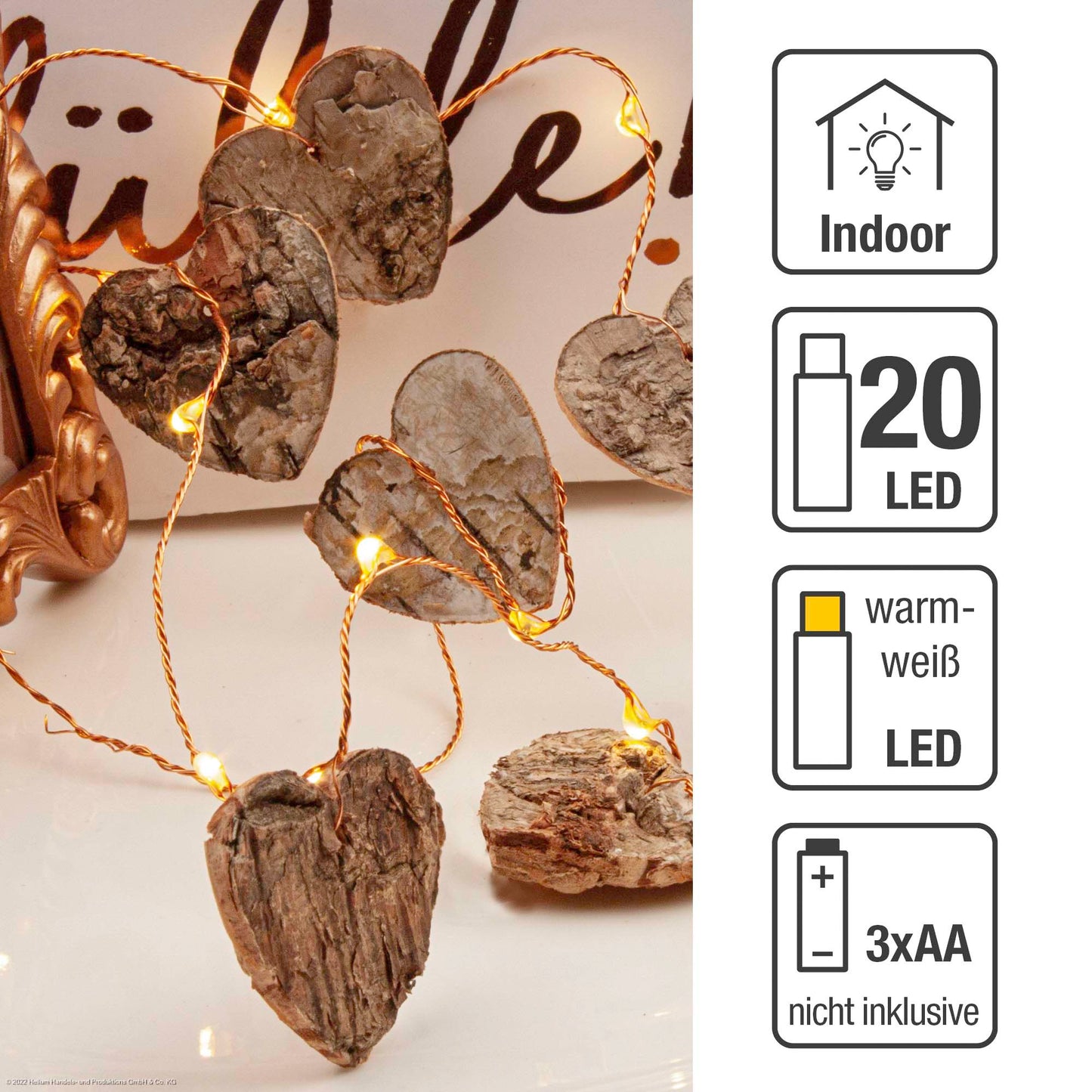 20-tlg. LED-Lichterkette mit Herzen aus Birkenrinde, batteriebetrieben