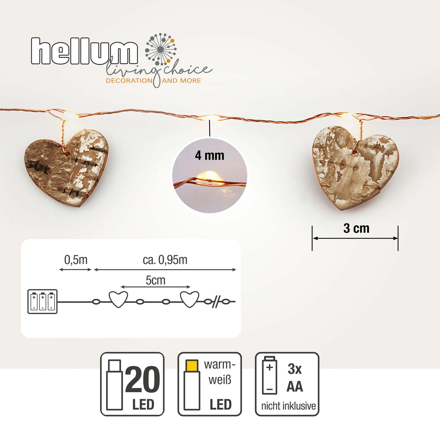 Hellum LED Herzlichterkette Holz, 10 Holzherzen, beleuchtet 0,95 m, Batterie 520453