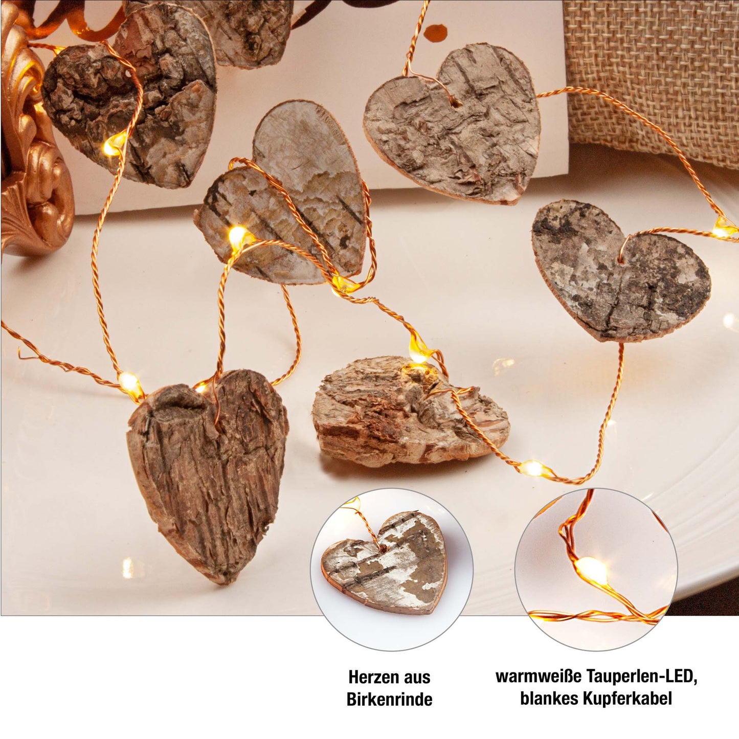 Hellum LED Herzlichterkette Holz, 10 Holzherzen, beleuchtet 0,95 m, Batterie 520453