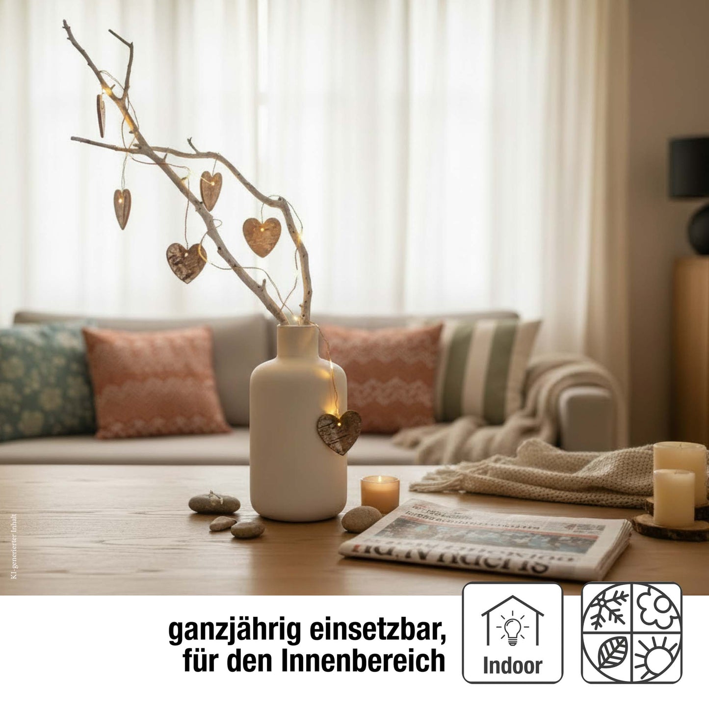 Hellum LED Herzlichterkette Holz, 10 Holzherzen, beleuchtet 0,95 m, Batterie 520453