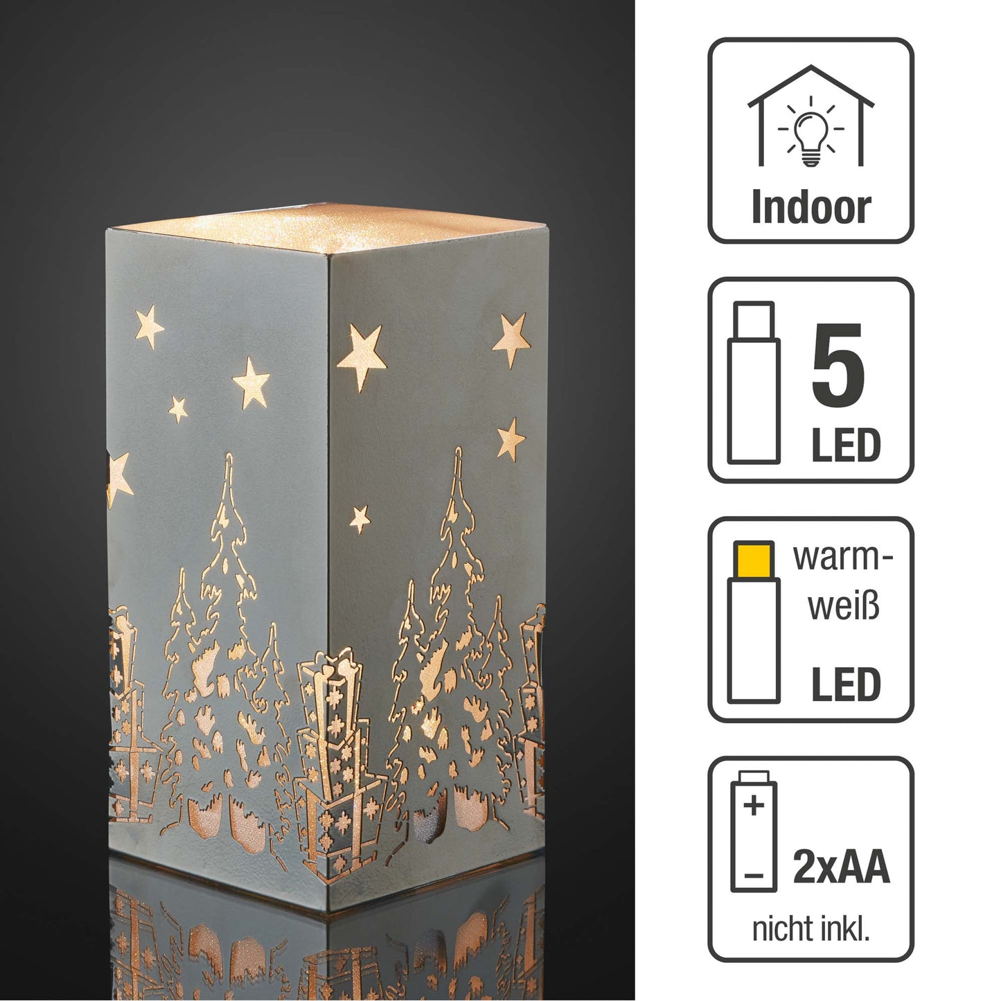 LED-Metall-Quader "Tannenbäume", 5 LEDs ww, batteriebetrieben