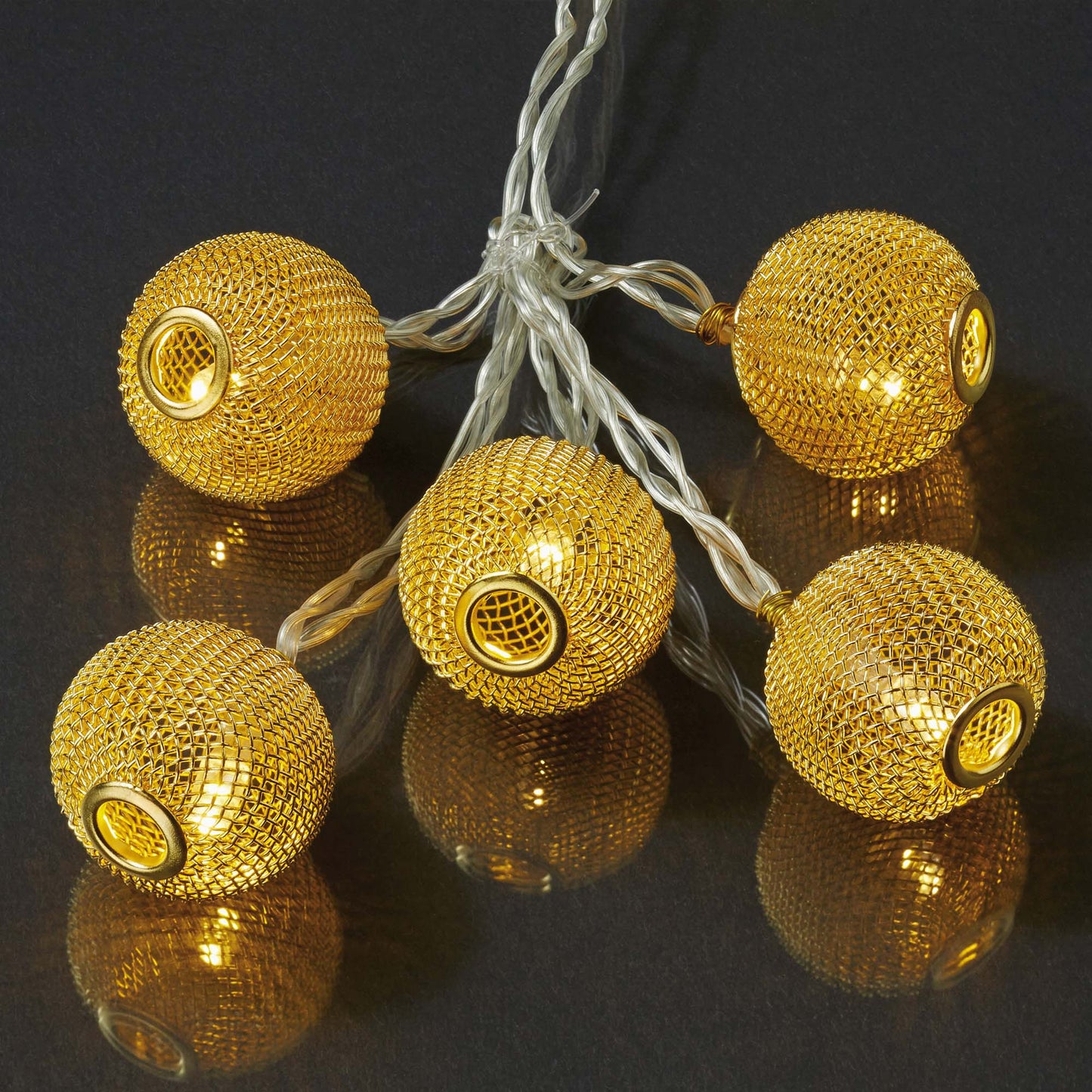LED-Lichterkette mit goldenen Metallbällen, 10 LEDs ww, batteriebetrieben 300314