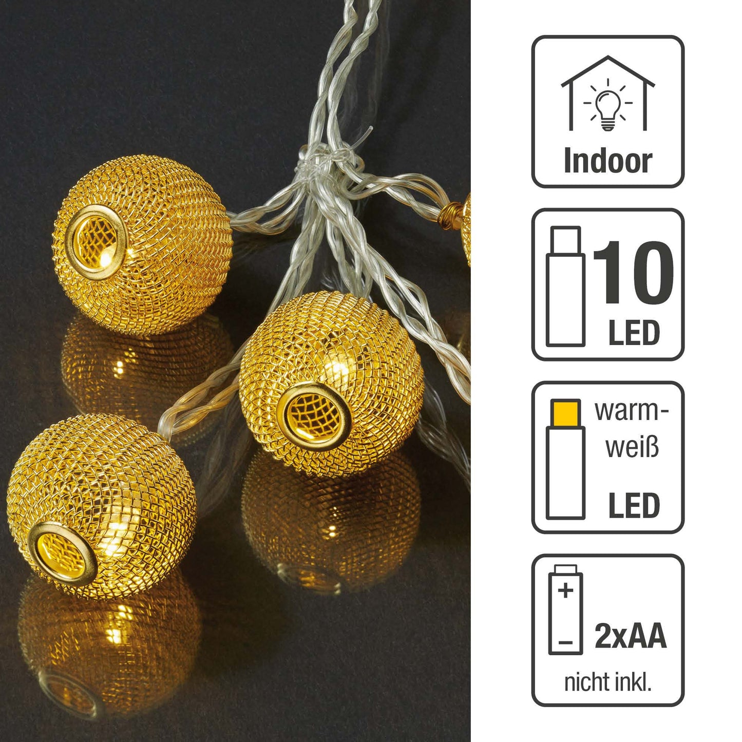 LED-Lichterkette mit goldenen Metallbällen, 10 LEDs ww, batteriebetrieben 300314